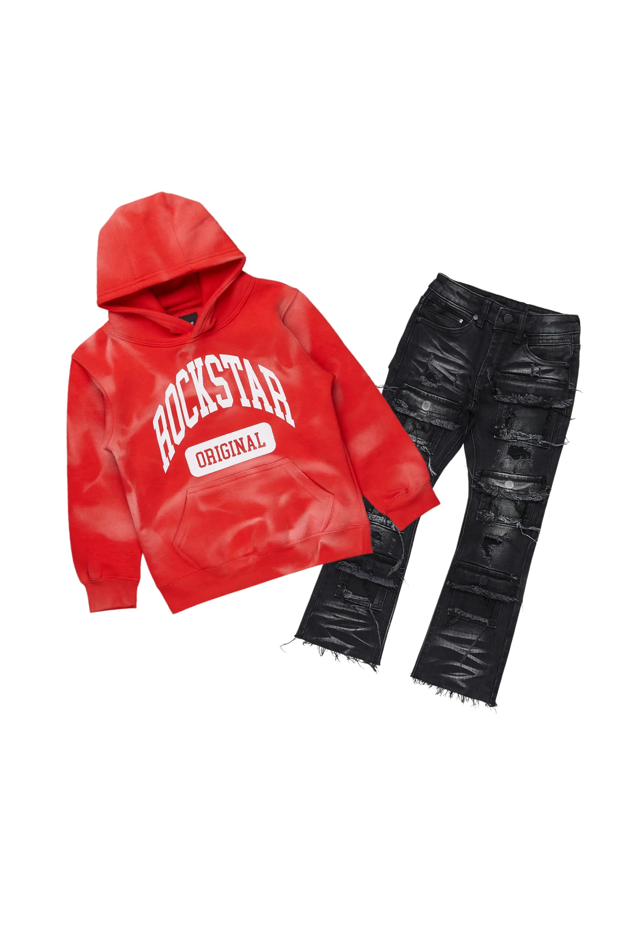 Boys Member Red/Black Hoodie/Stacked Flare Jean Set Casual Men's Short