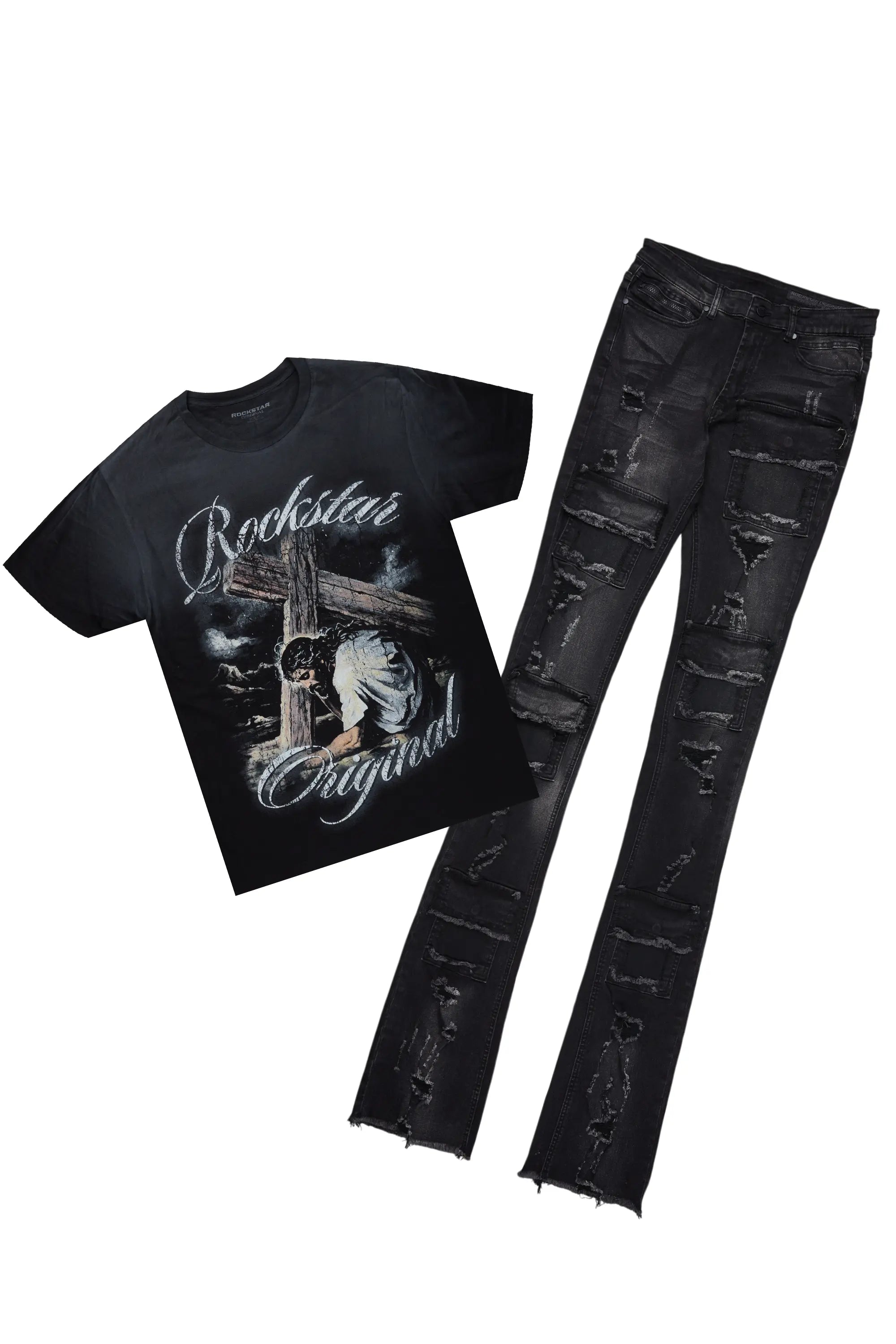 Irwin Black T-Shirt & Pooja Super Stacked Flare Jean Bundle Masculine Men's 