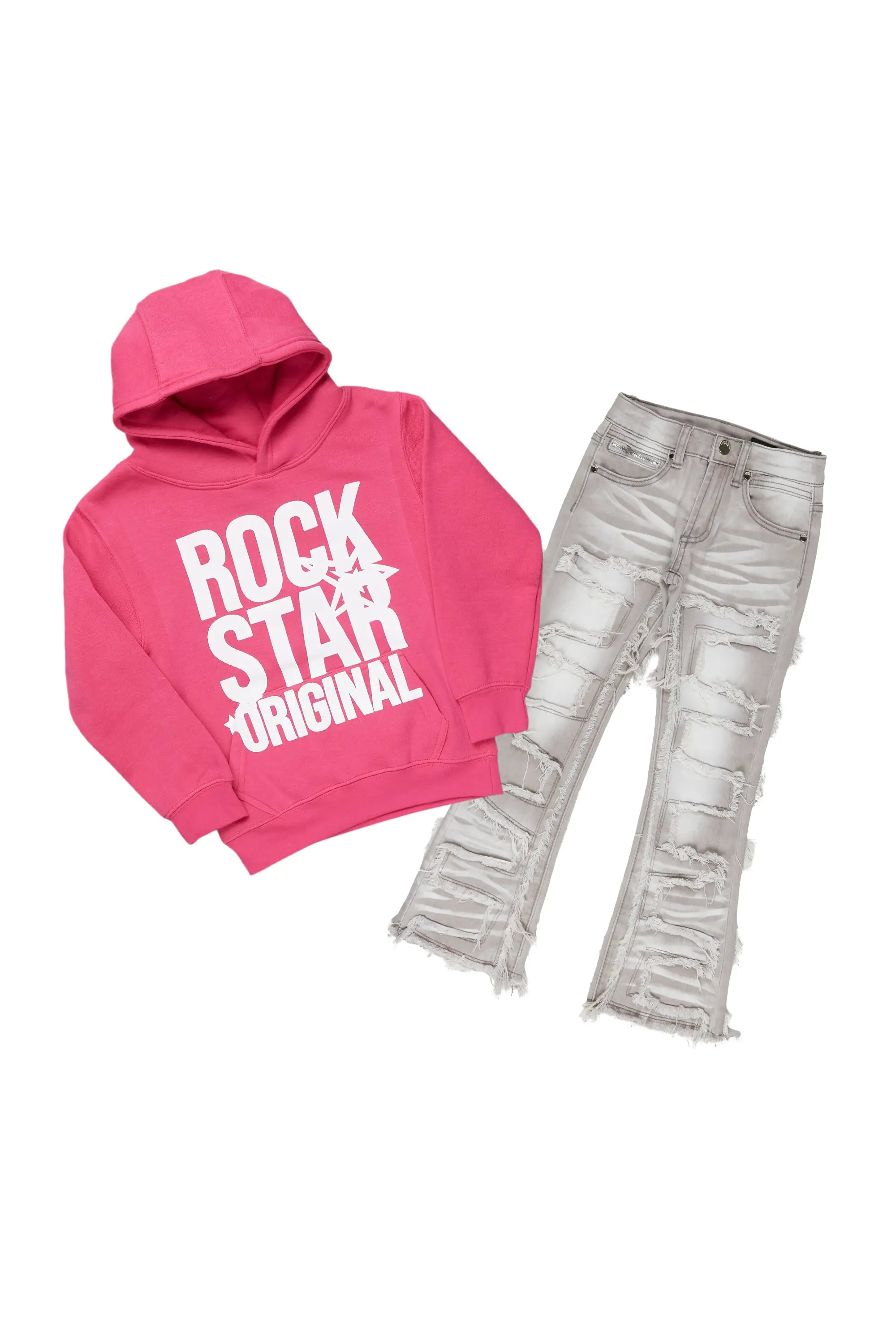 Girls Melanie Grey/Pink Hoodie/Stacked Flare Jean Set Sporty Men's Athleisure 