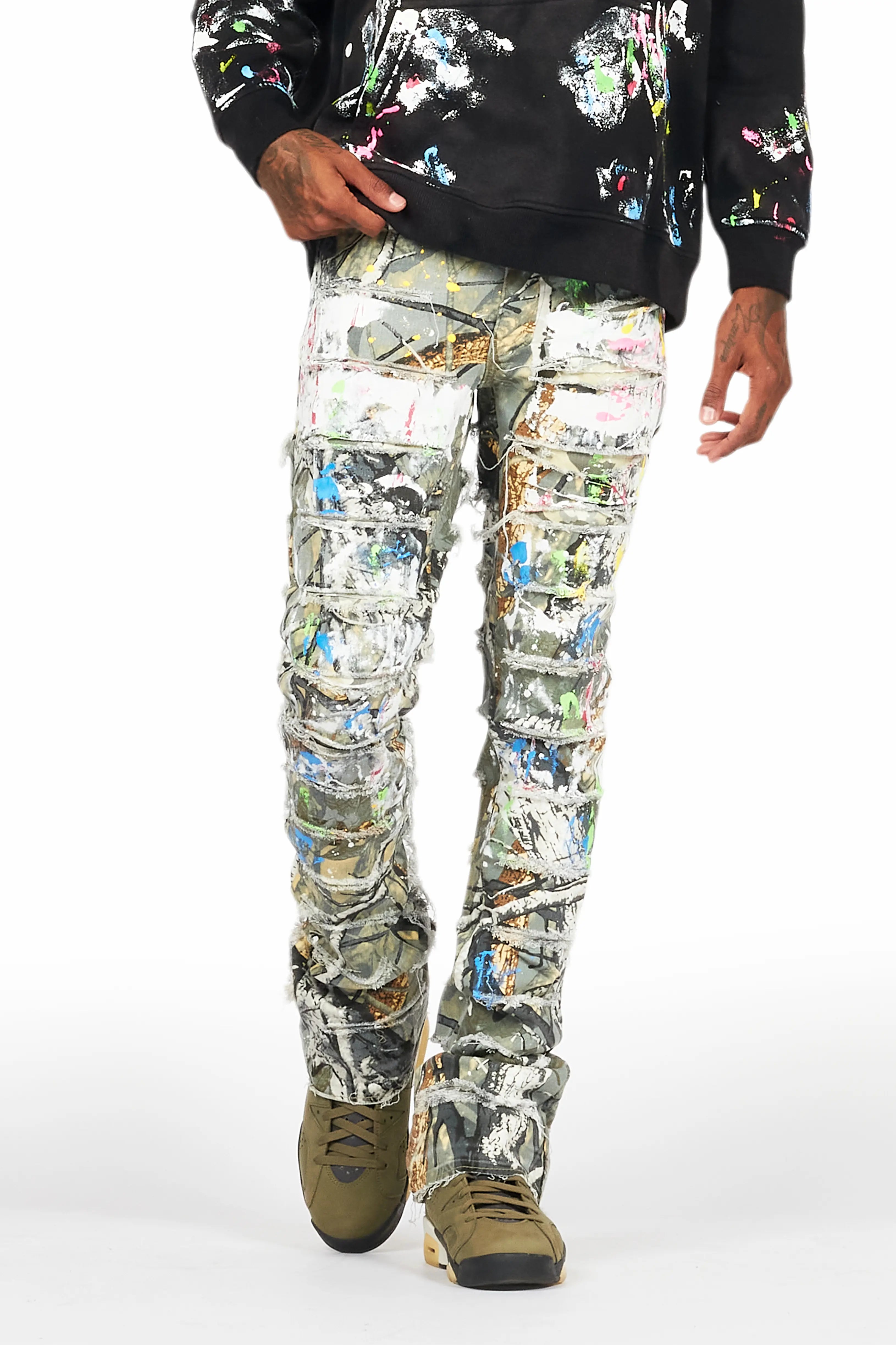 Akello Green Camo Painter Stacked Flare Jean Confident Men's High