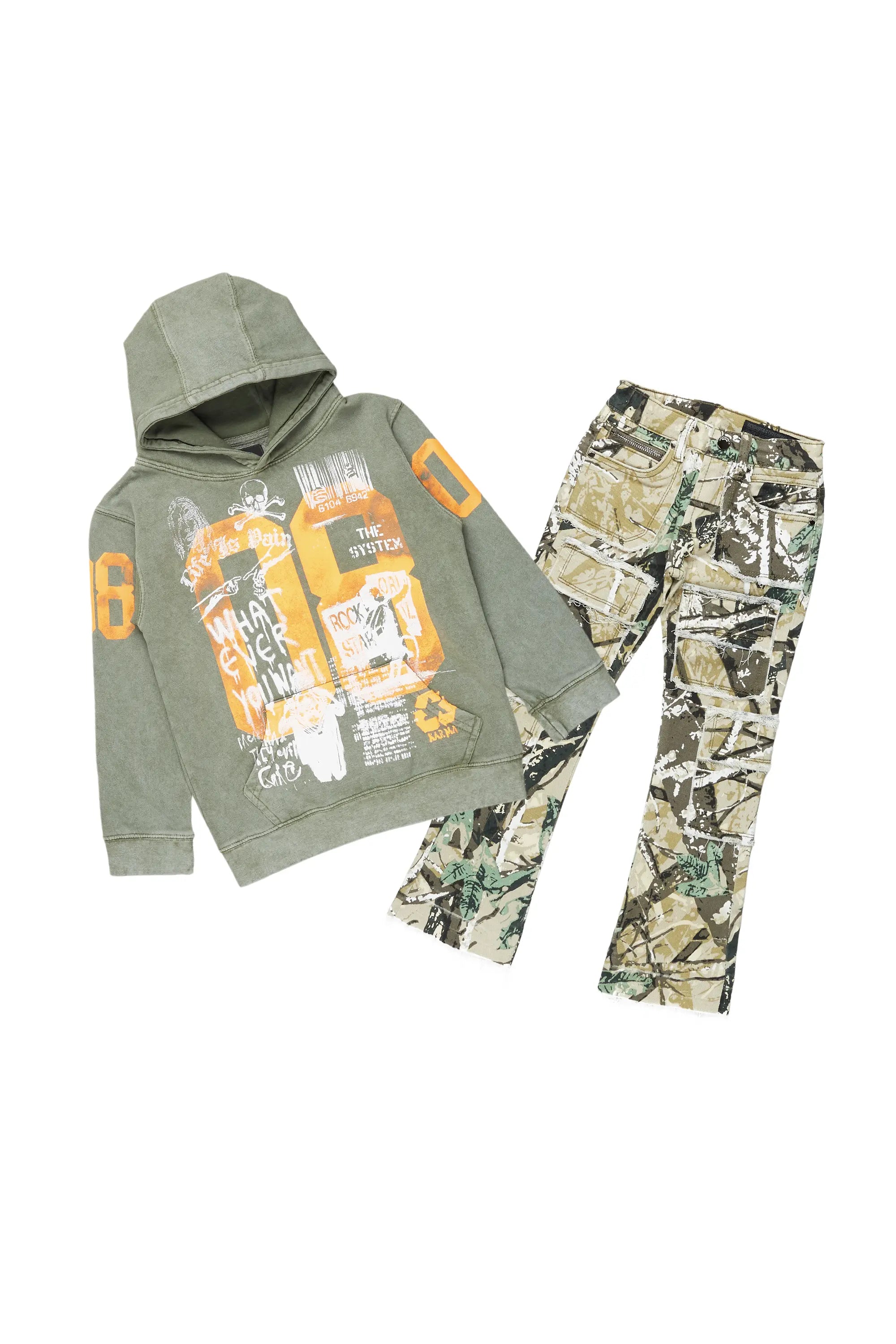 Boys Beau Tree Camo Hoodie/Stack Flare Jean Set Artistic Men's Avant