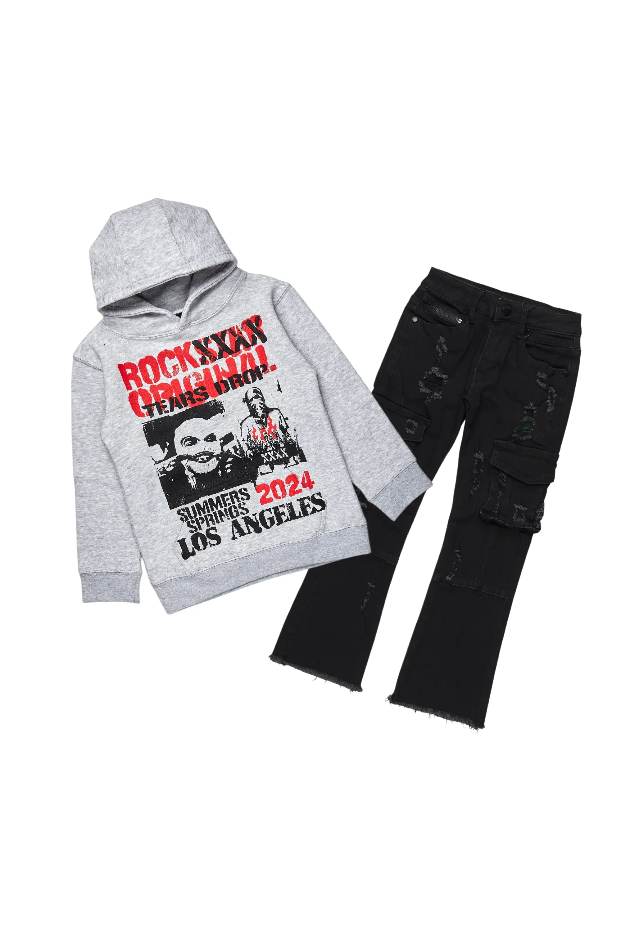 Boys Omer Grey Hoodie/Stack Flare Jean Set Beach