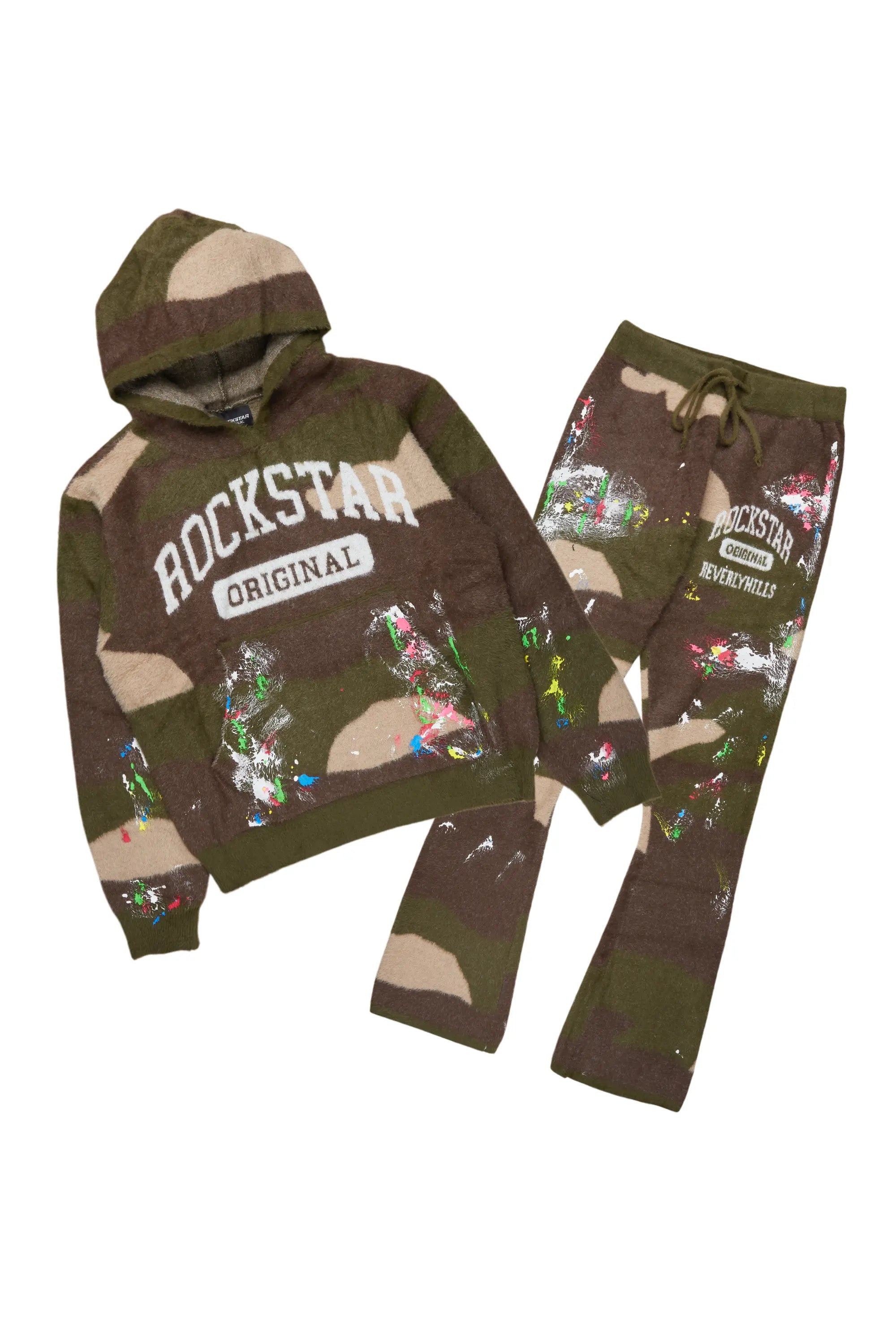 Rasul Green Camo Stacked Flare Knitted Mohair Track Set Edgy Men's Punk