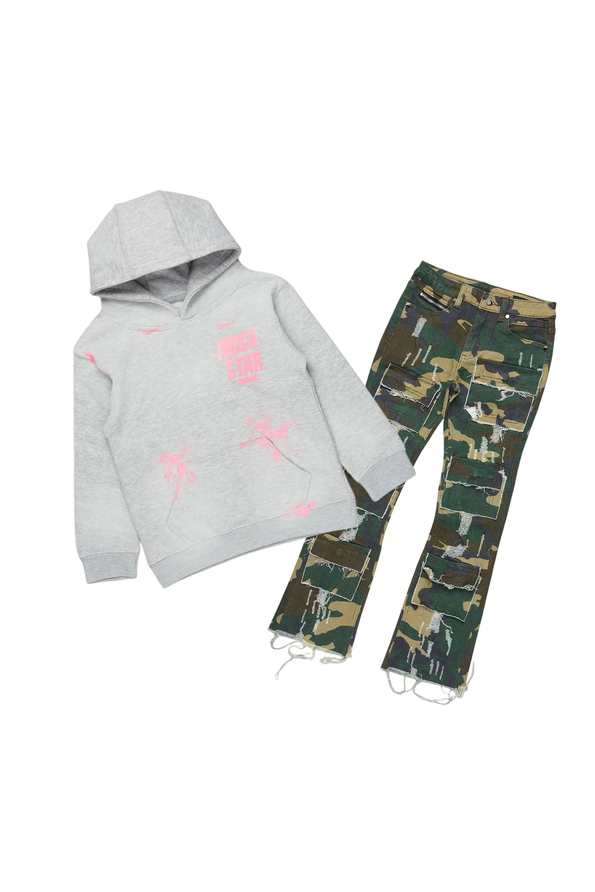 Girls Aimee Green Camo/Grey Hoodie/Stacked Flare Jean Set Laid