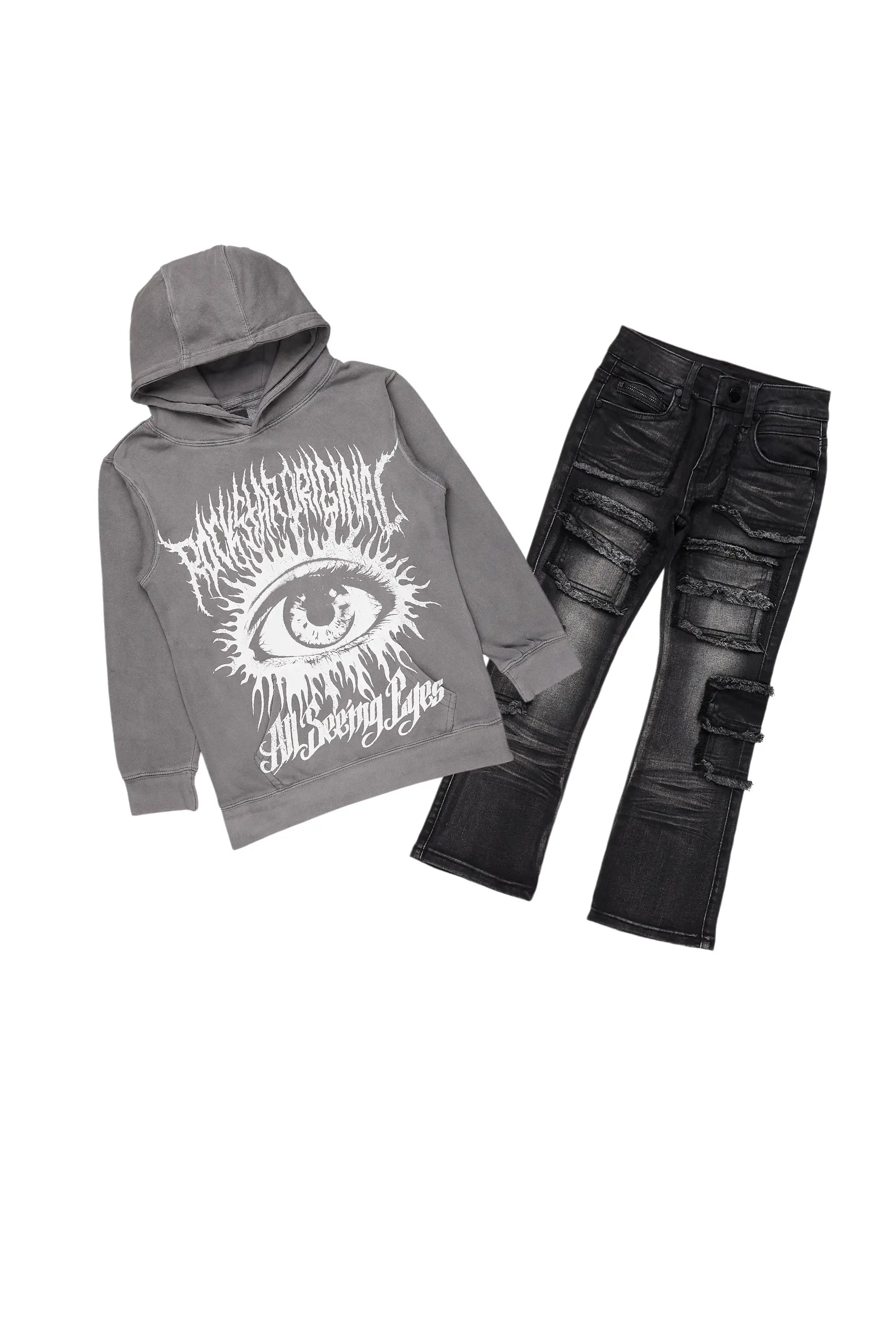 Boys All Eyes Vintage Grey Hoodie/Stacked Flare Jean Set Adventure