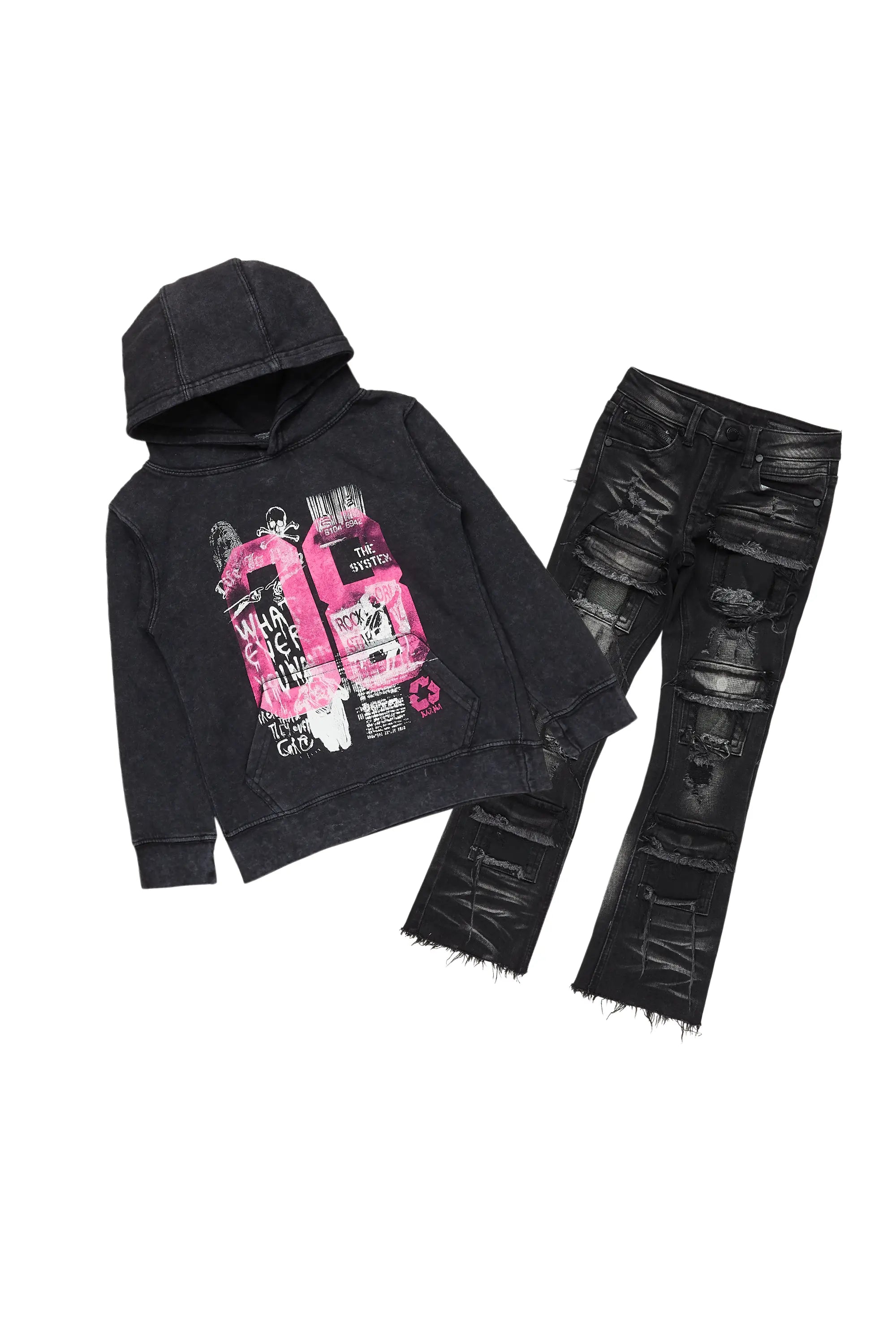 Girls Kammy Vintage Black Hoodie/Stacked Flare Jean Set Tailored