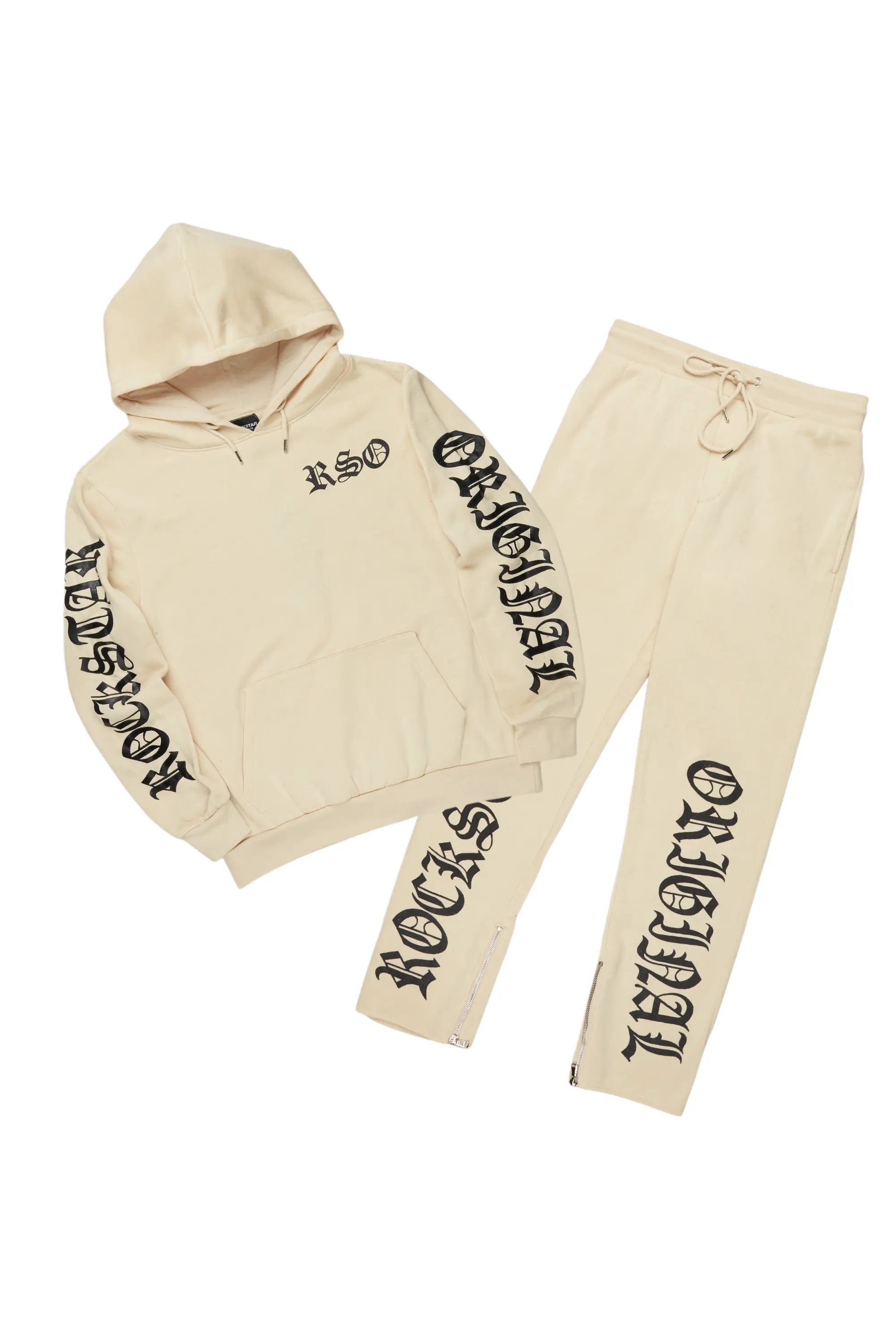 Alonzo Beige Slim Fit Hoodie Track Set Unique Men's Upcycled