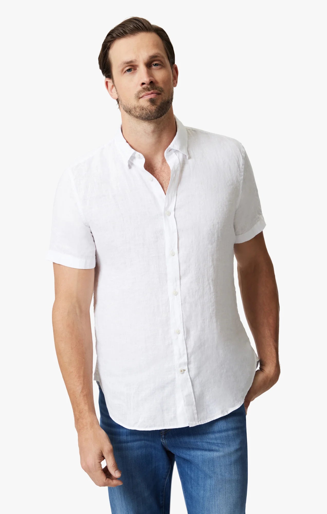 34 HERITAGE | Linen Short Sleeve Shirt | Bright White Preppy Men's College