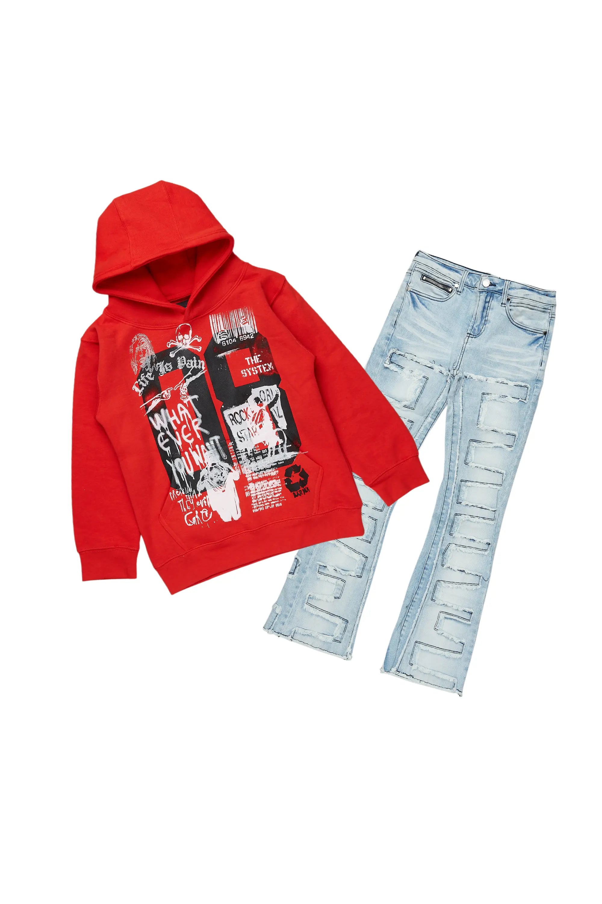 Boys Beau Red/Blue Hoodie/Stacked Flare Jean Set Modern Men's Tech