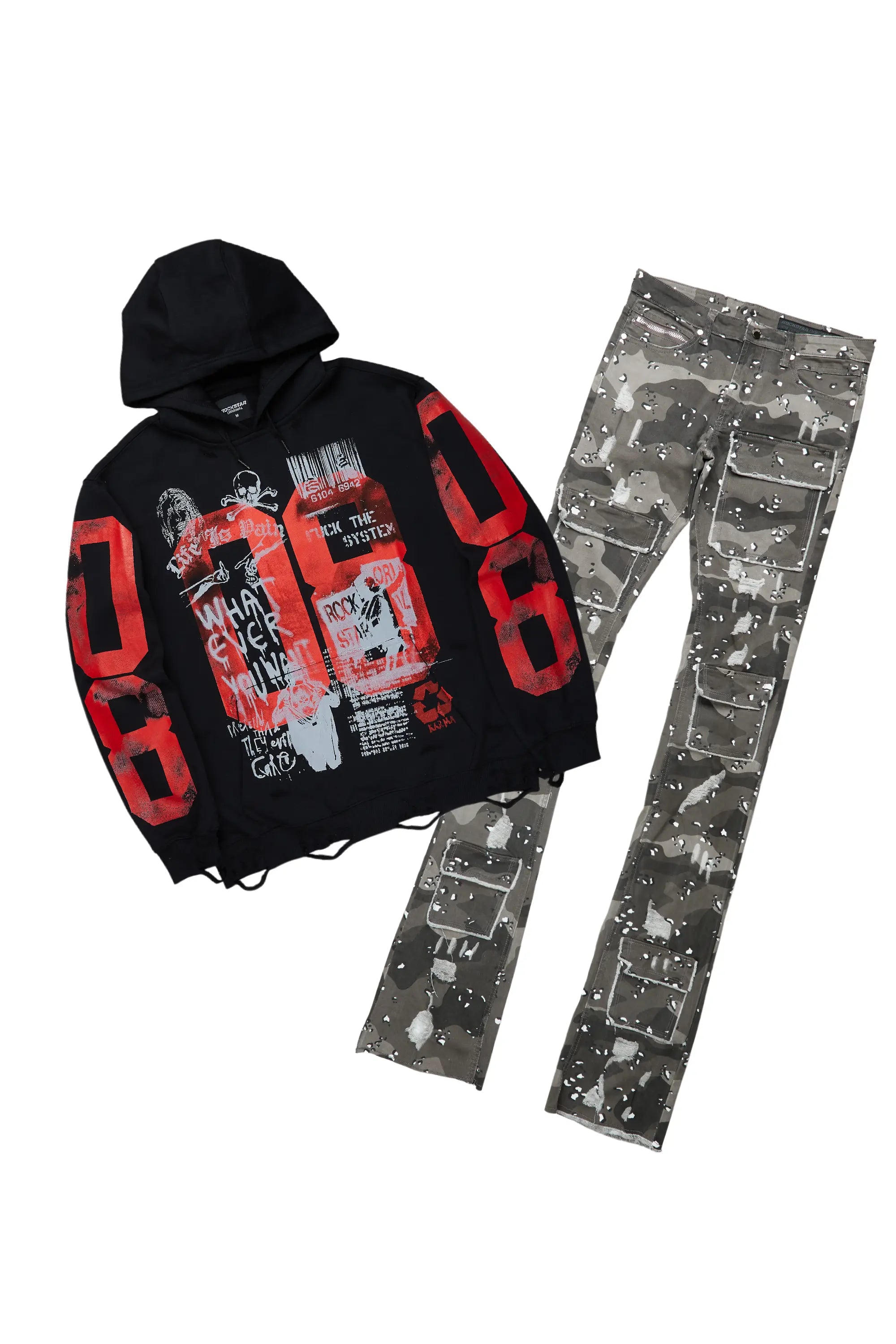 Grill Black Hoodie & Petrus Super Stacked Flare Jean Bundle Casual Men's Japanese 