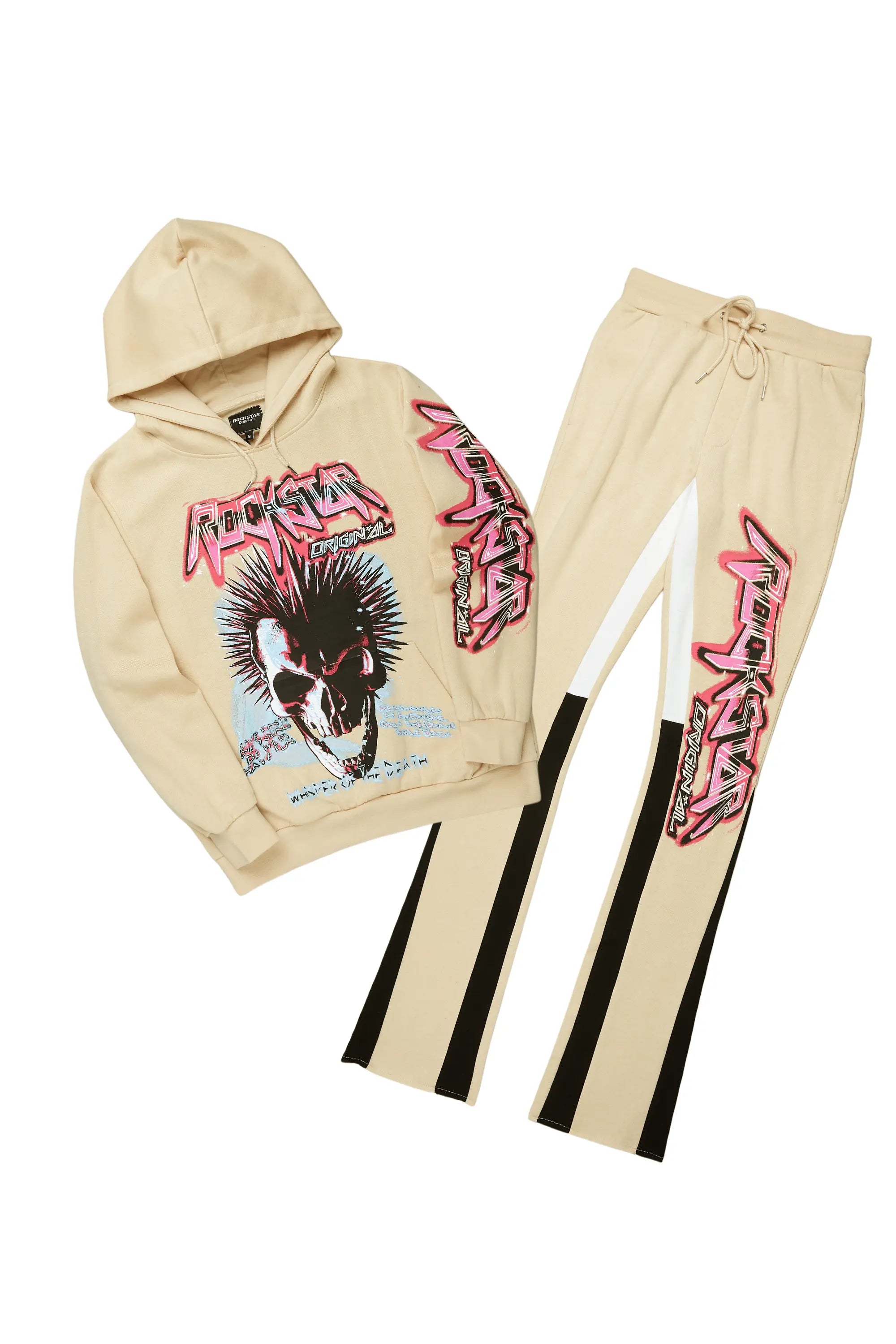 Obern Beige/Black Graphic Hoodie/Stacked Flare Pant Track Set Bold Men's Animal