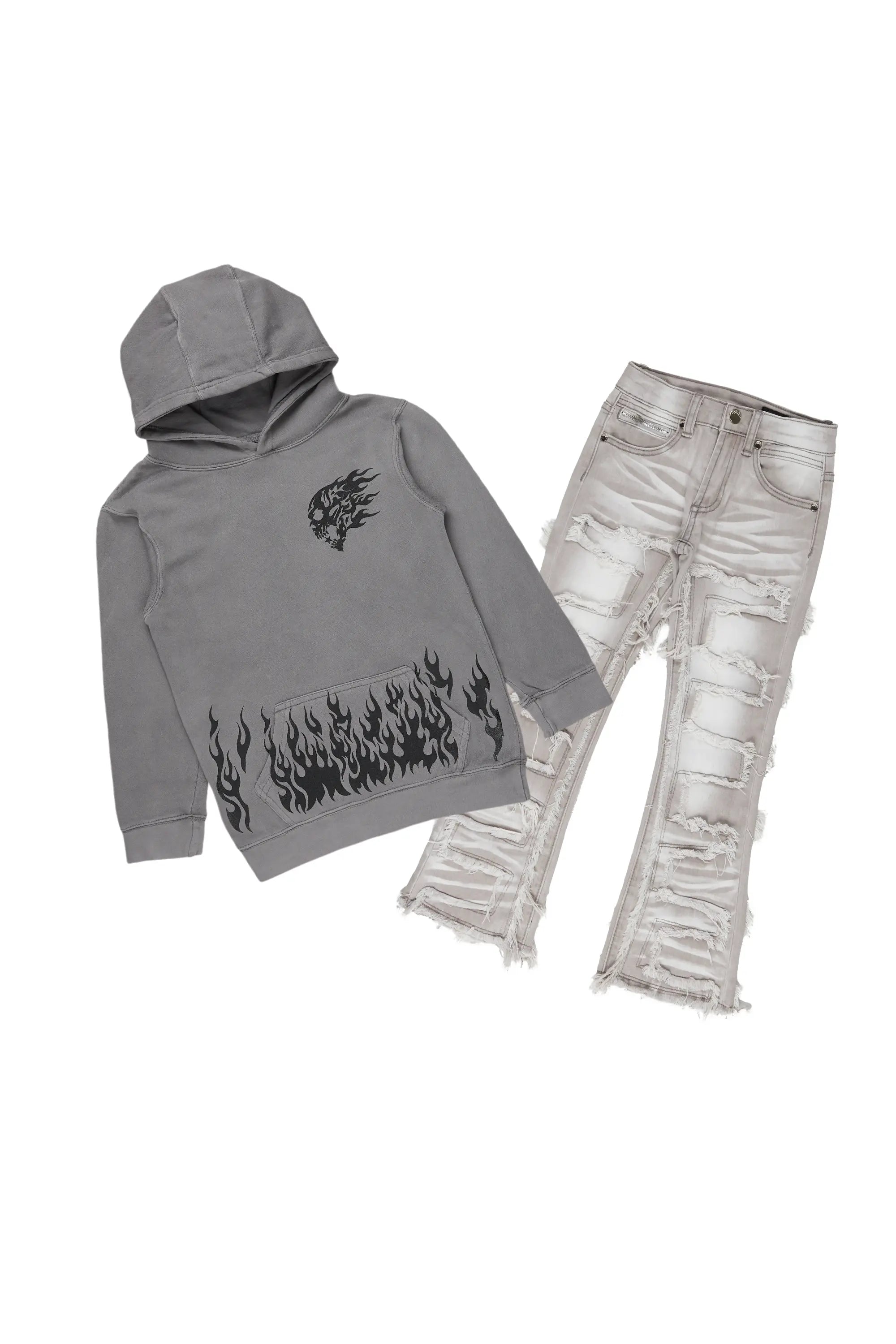 Boys Bubble Vintage Grey Hoodie/Stack Flare Jean Set Laid