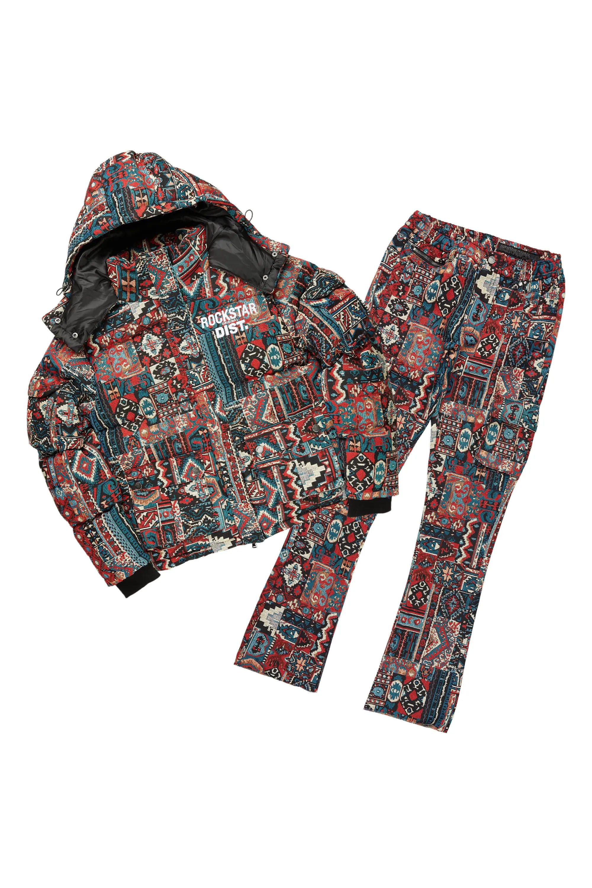 Nard Red Multi Puffer & Nard Tapestry Jean Bundle Cozy Men's Sherpa