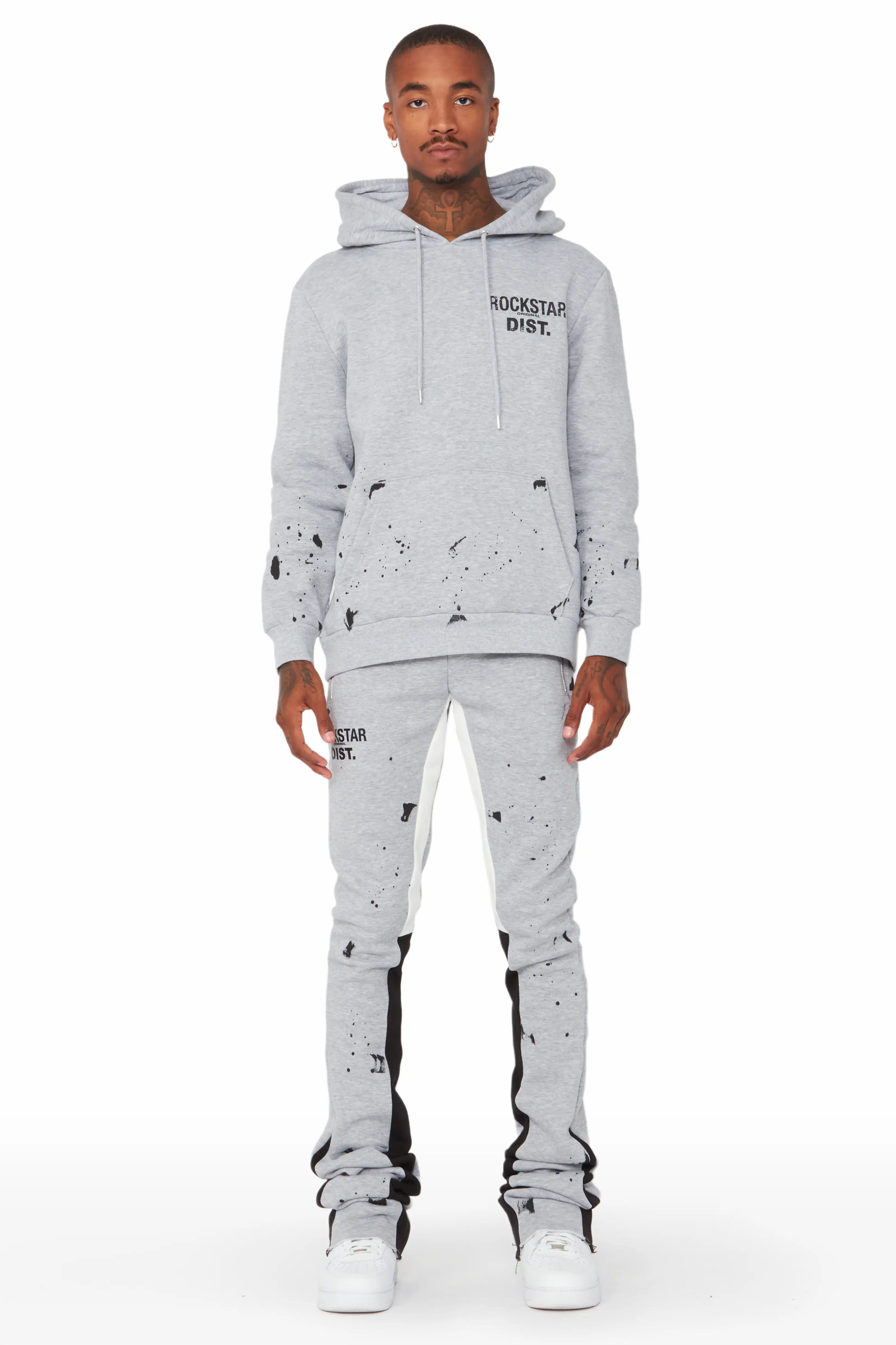 Raffer Grey/White Hoodie/Super Stacked Flare Pant Set Hip Men's Retro