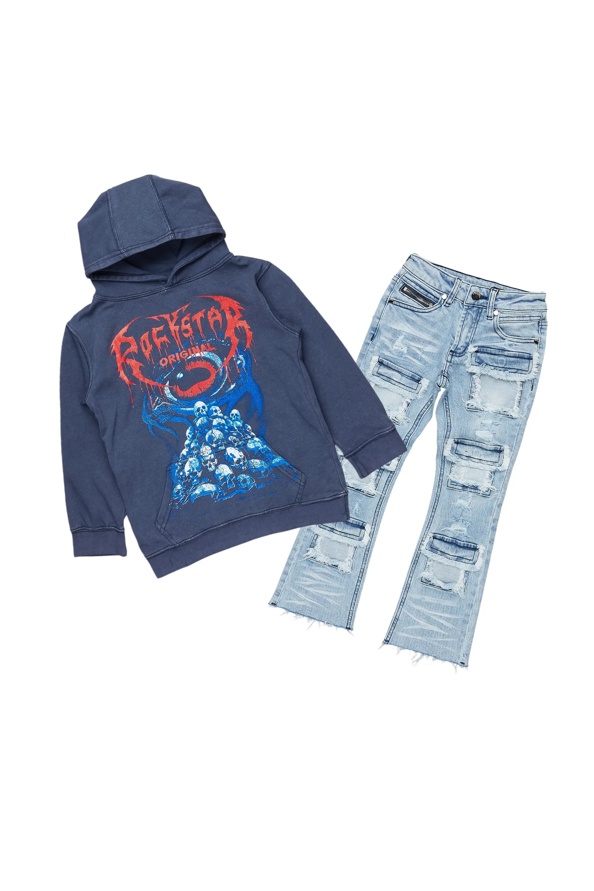 Boys Vicious Vintage Navy Hoodie/Stacked Flare Jean Set Sophisticated Men's 