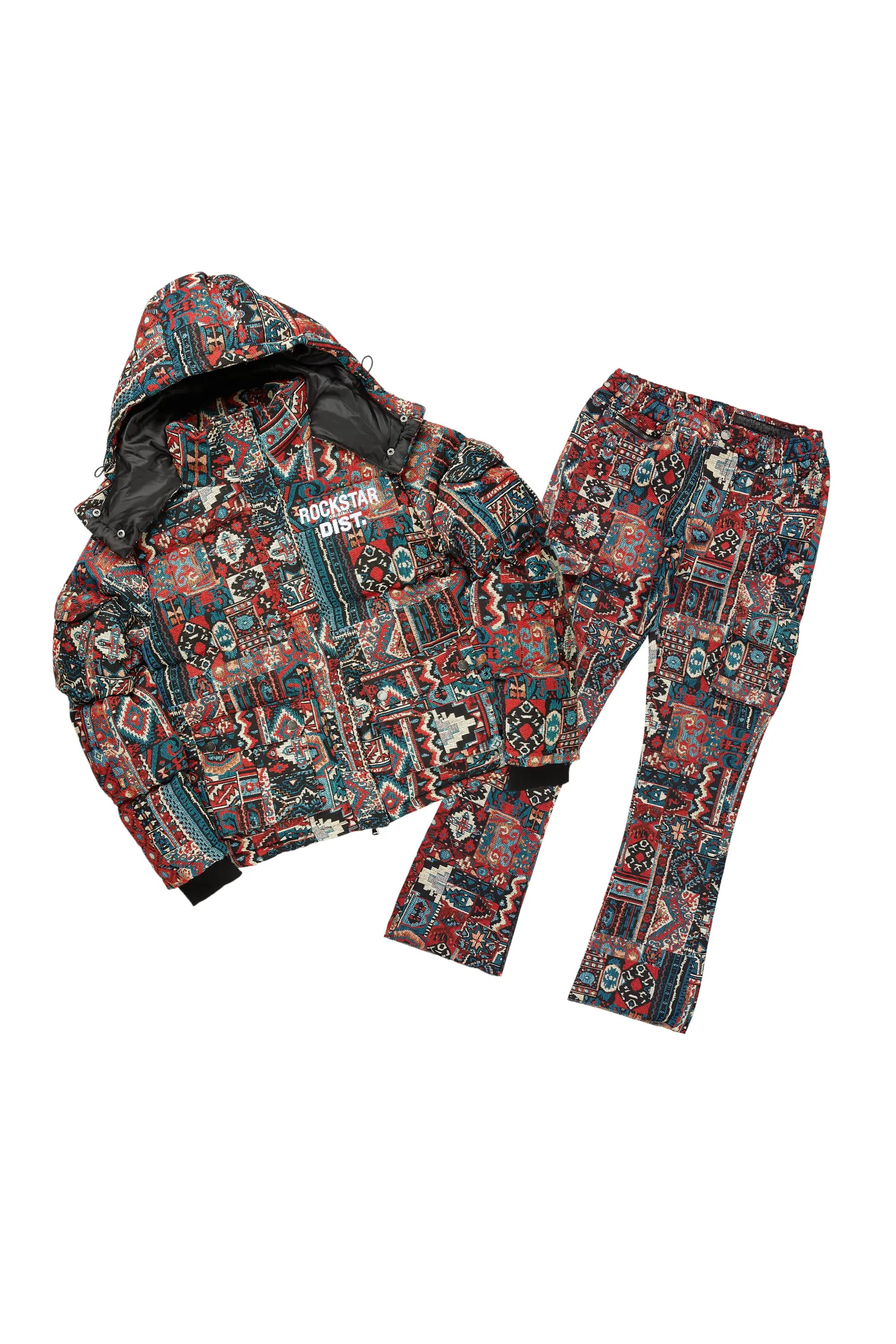 Boys Nard Red Multi Tapestry Puffer Jacket/Flare Jean Set Dynamic Men's Glow