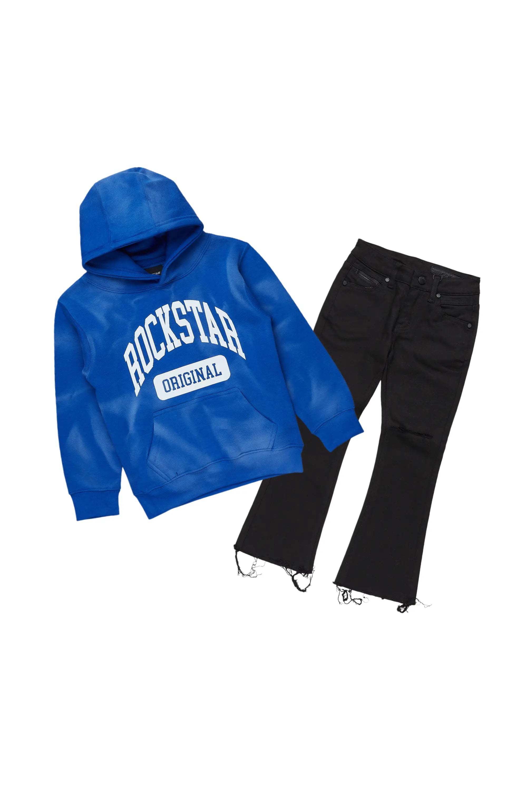 Boys Member Royal/Black Hoodie/Stacked Flare Jean Set Relaxed Men's Beach