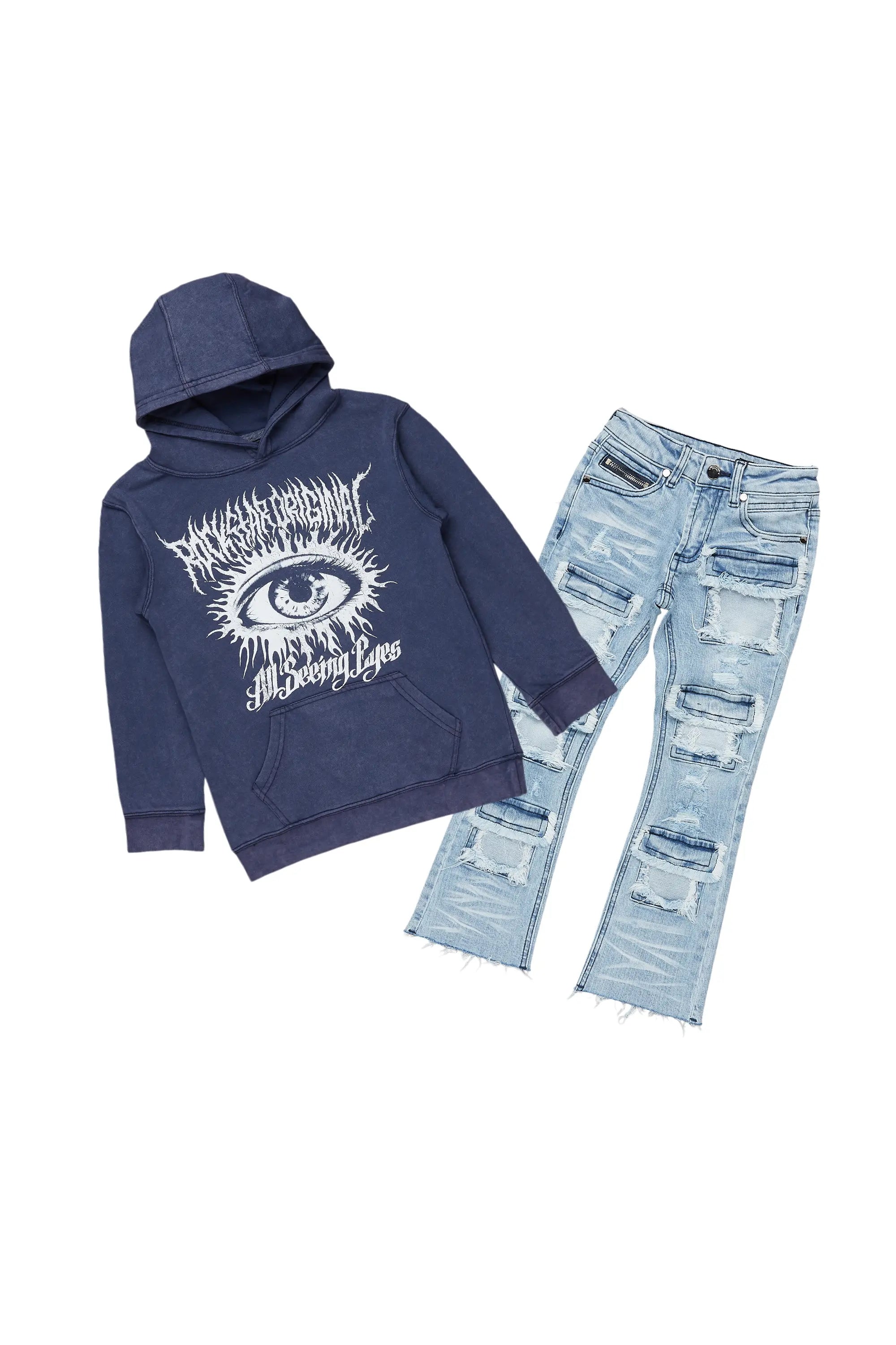 Boys All Eyes Vintage Navy Hoodie/Stacked Flare Jean Set Elegant Men's Formal 