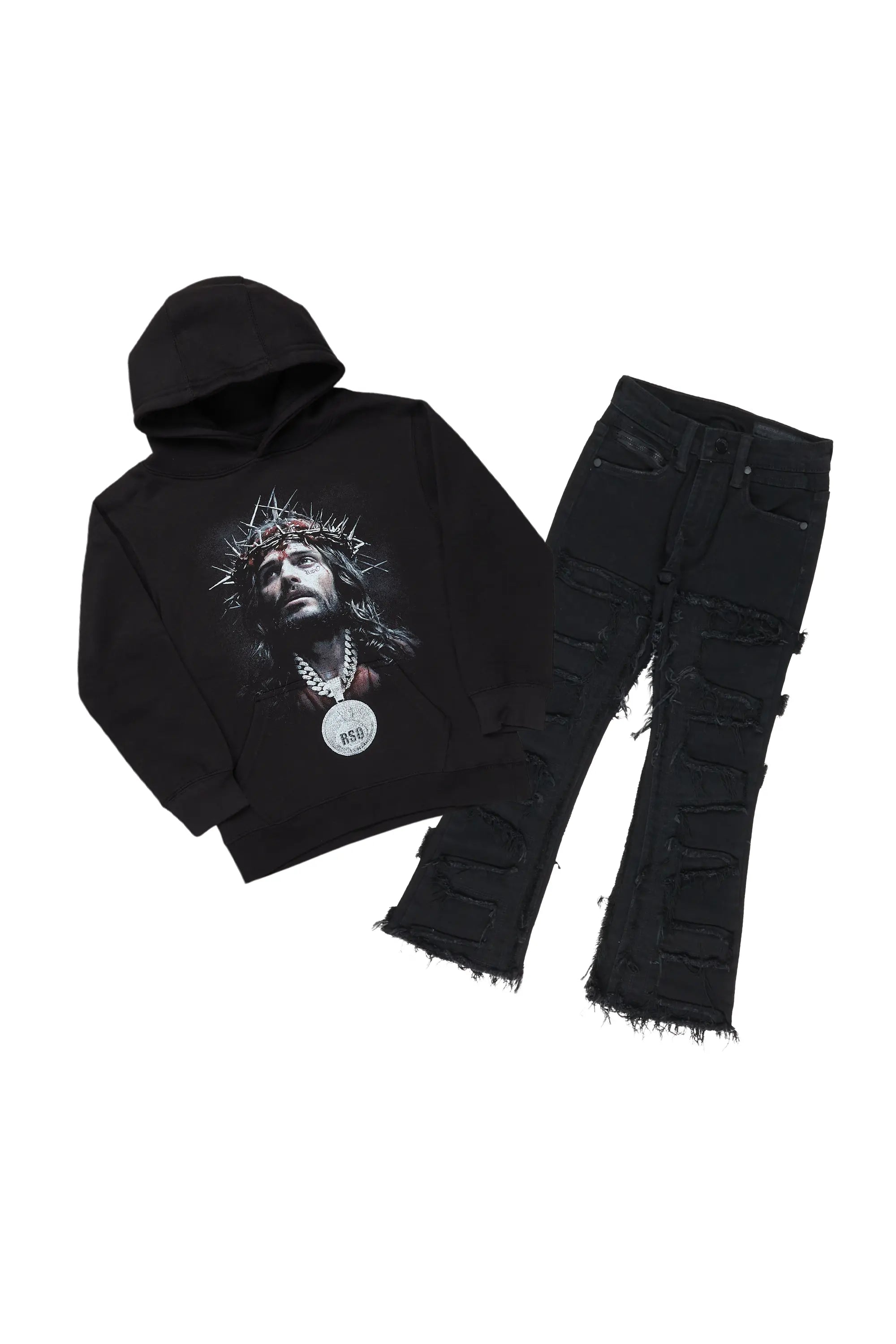 Boys Amina Black Hoodie/Stacked Flare Jean Set Earthy Men's Hemp