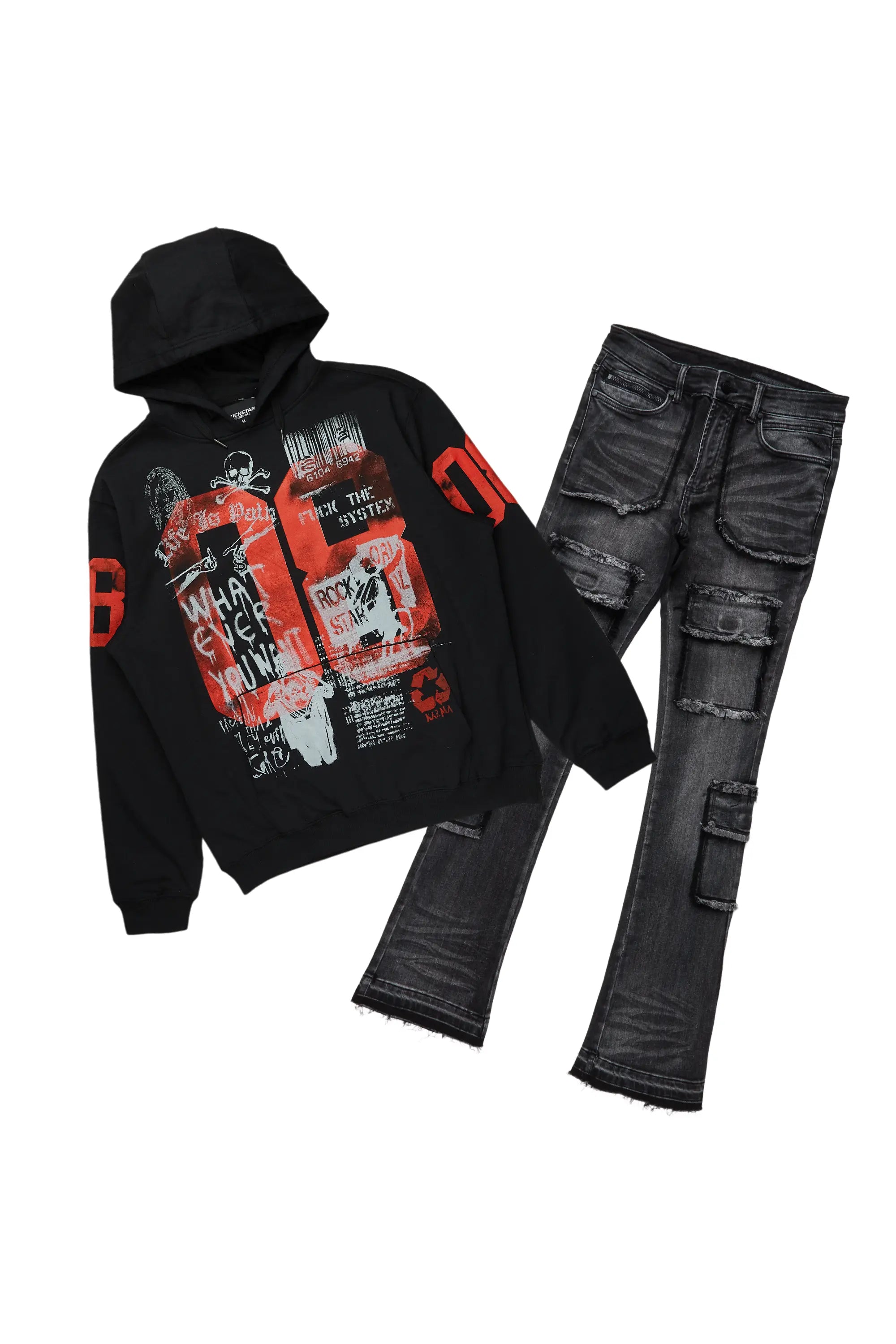 Grill Black Hoodie/Stacked Flare Cargo Jean Bundle Modern Men's Tech