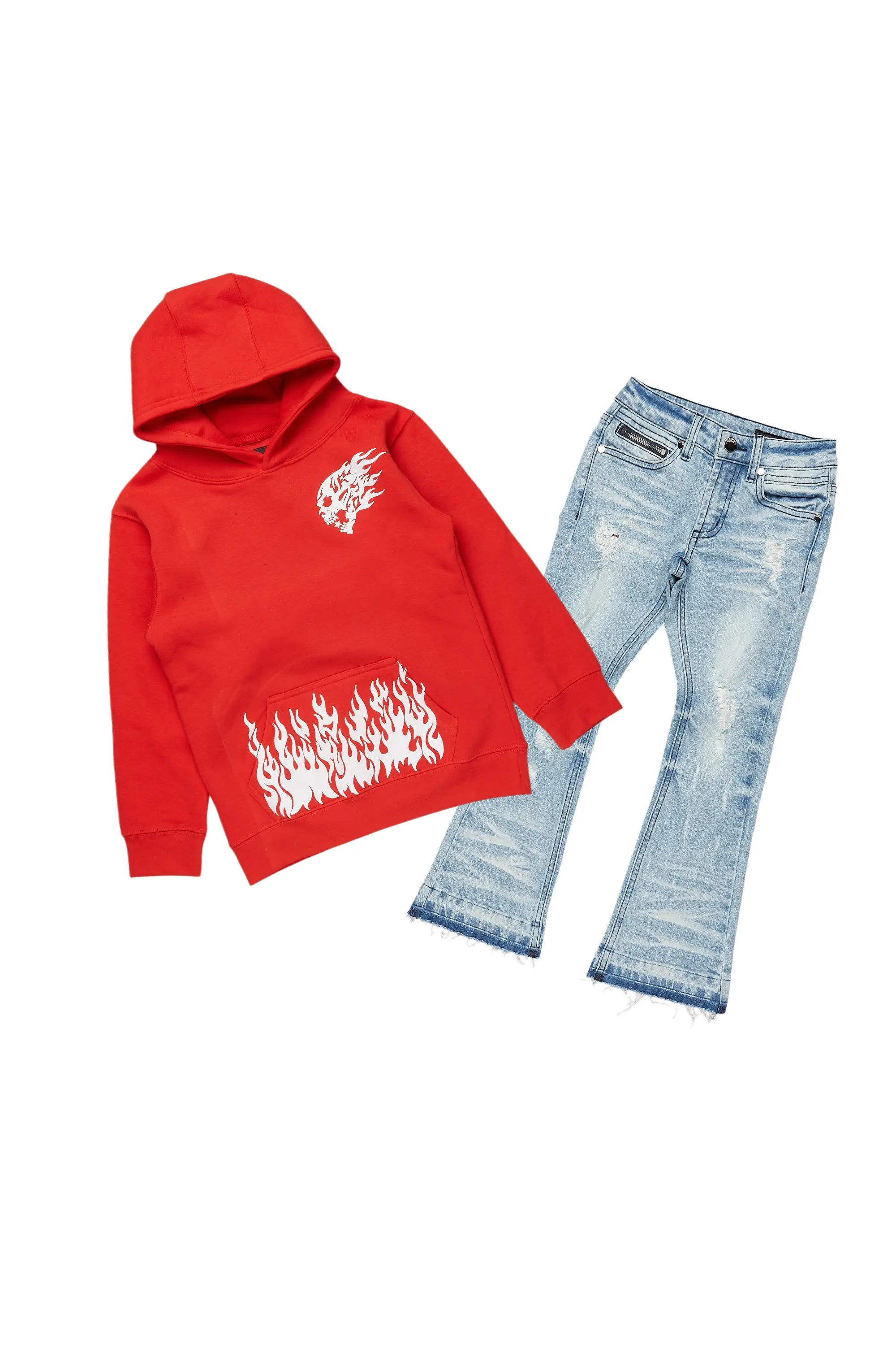 Boys Bubble Red Hoodie/Stacked Flare Jean Set Athletic Men's High