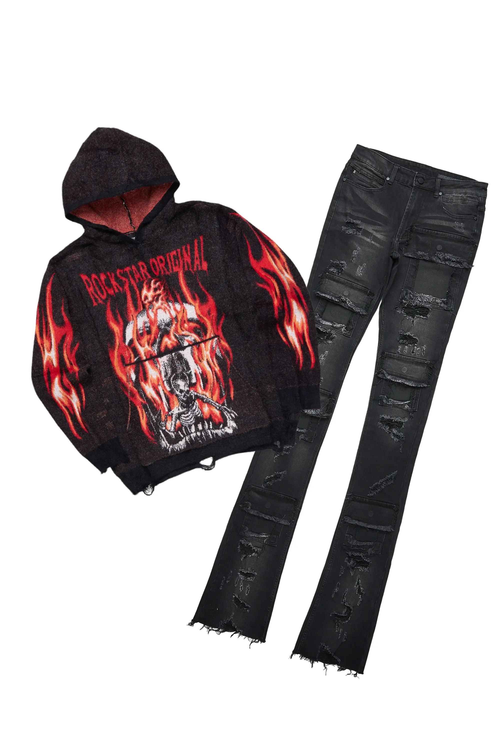 Fuka Black Knit Hoodie & Pooja Super Stacked Flare Jean Bundle Athletic Men's High