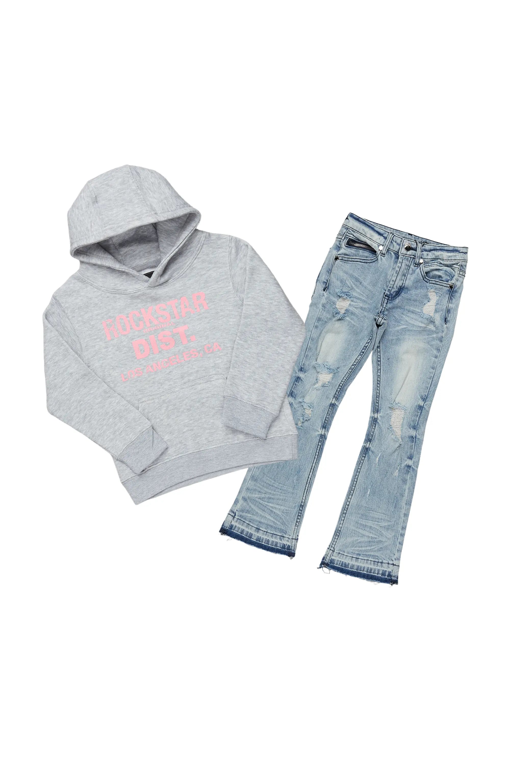 Girls Janny Grey/Blue Hoodie/Stacked Flare Jean Set Practical Men's Quick