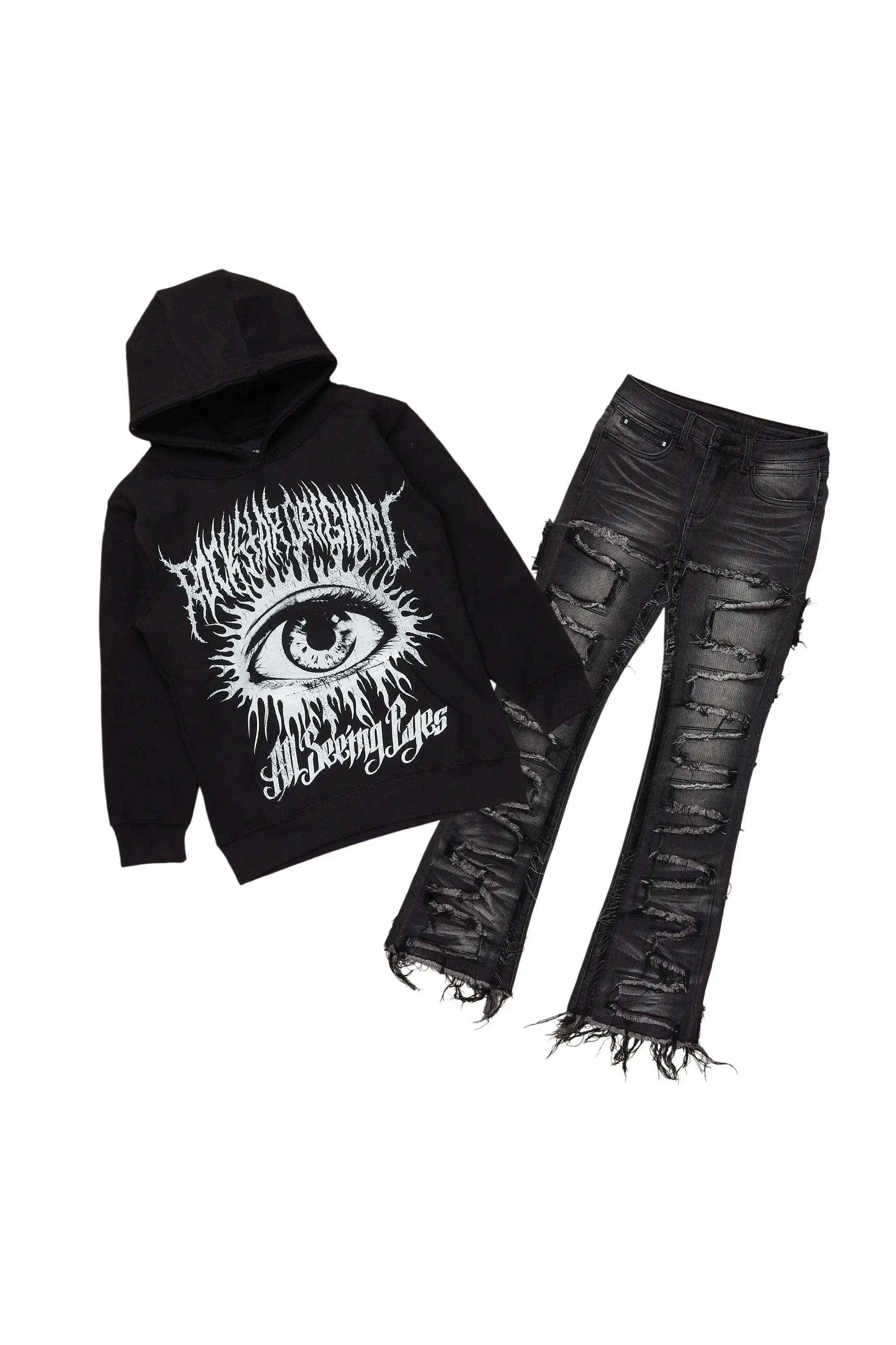 Boys All Eyes Black Hoodie/Stacked Flare Jean Set Elegant Men's Formal 