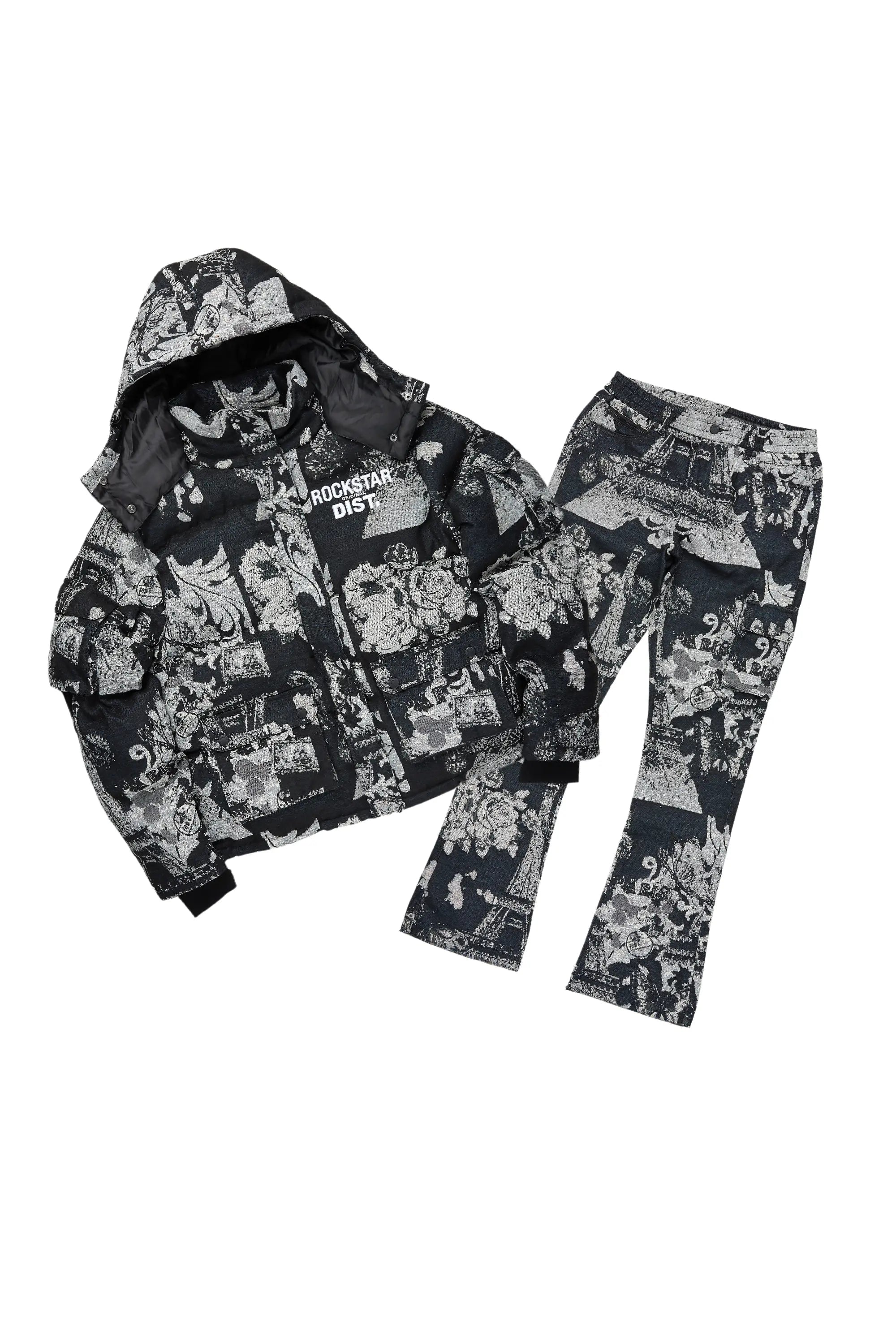 Girls Lamia Black Tapestry Puffer Jacket/Flare Jean Set Unique Men's Patch