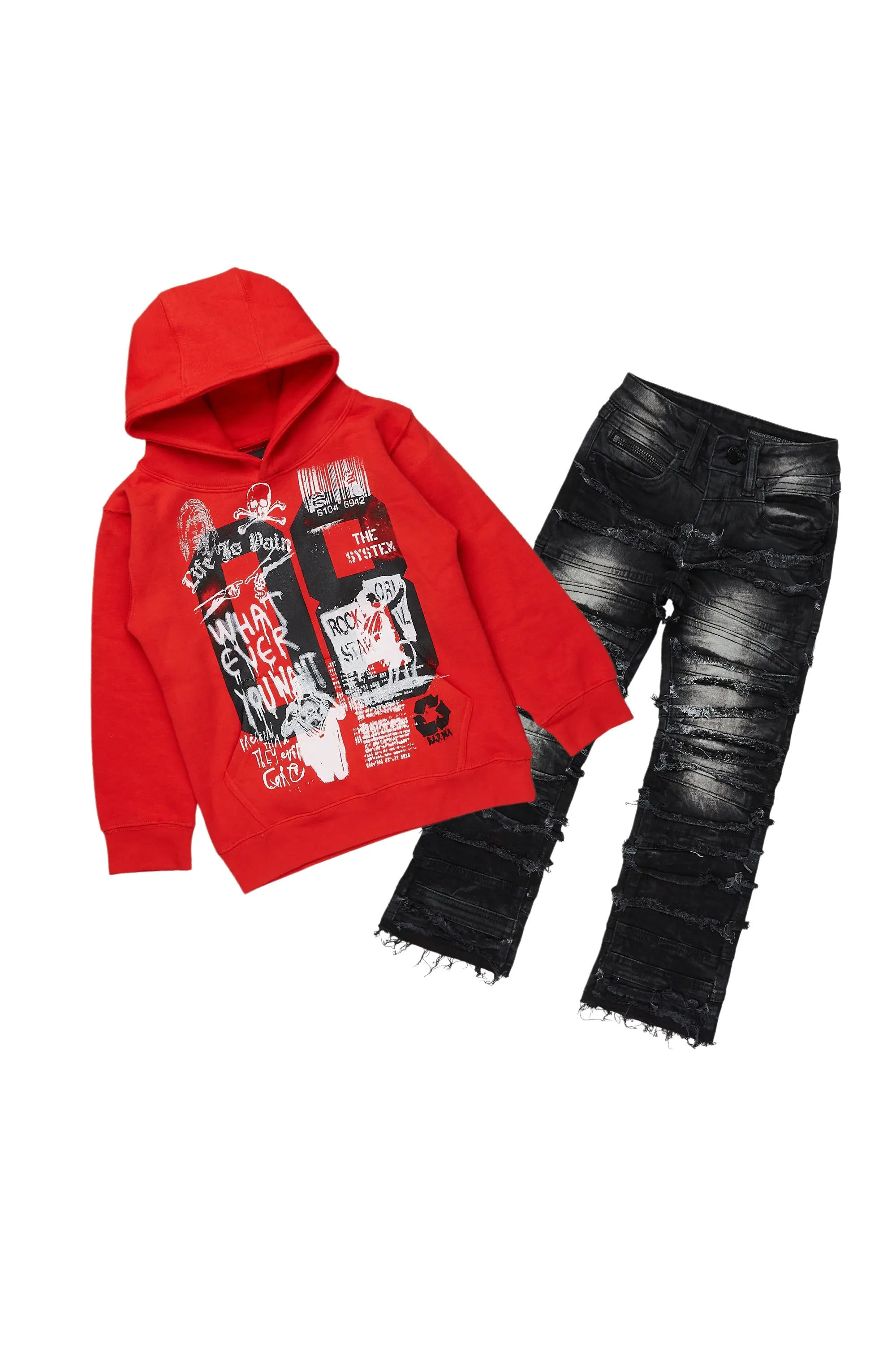 Boys Beau Red/Black Hoodie/Stacked Flare Jean Set Refined Men's Classic 