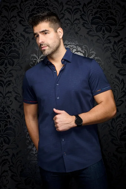 AU NOIR | Short Sleeve Shirt | Divenere Navy Sharp Men's Italian