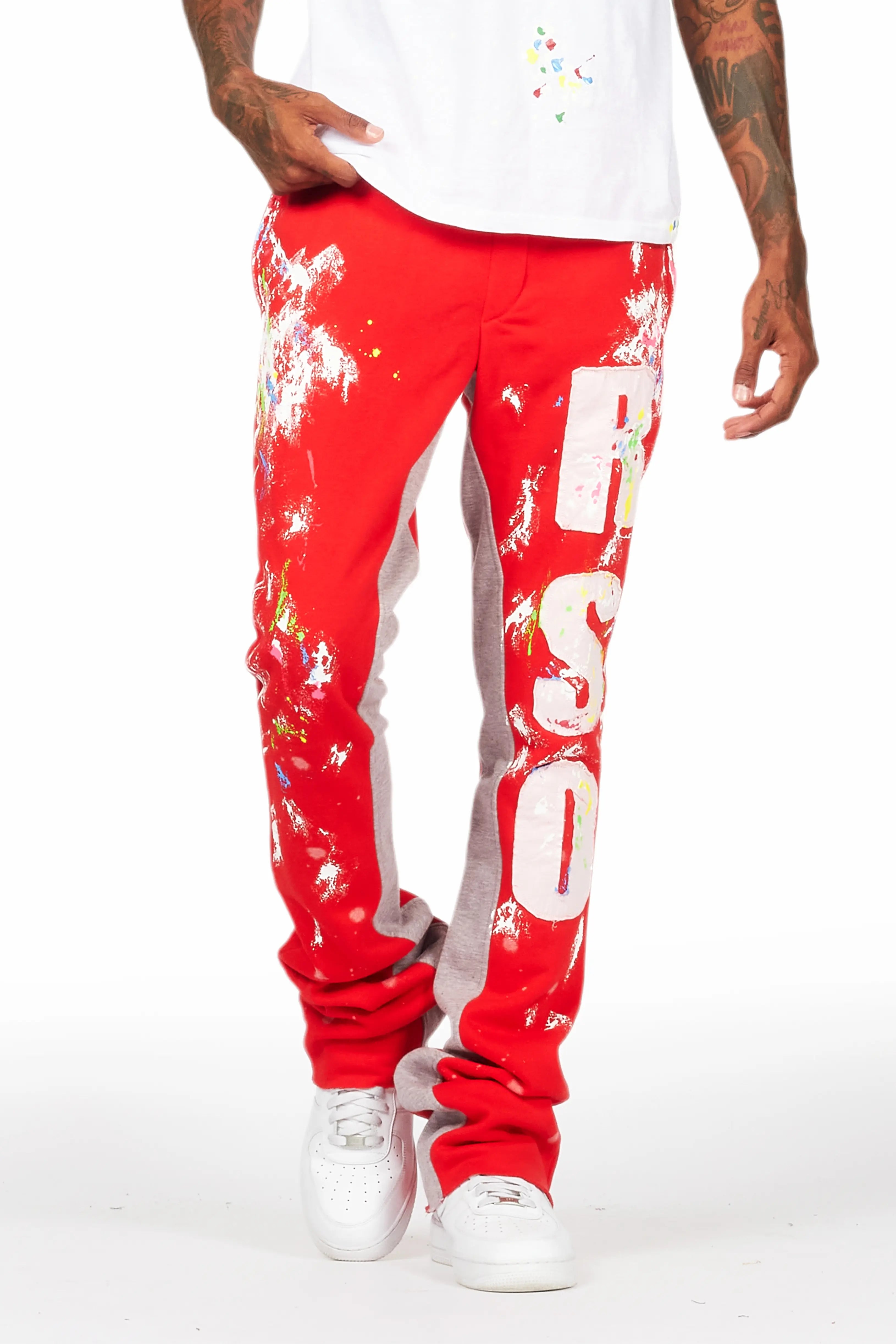 Washi Red Patchwork Stacked Flare Track Pant Casual Men's Loose