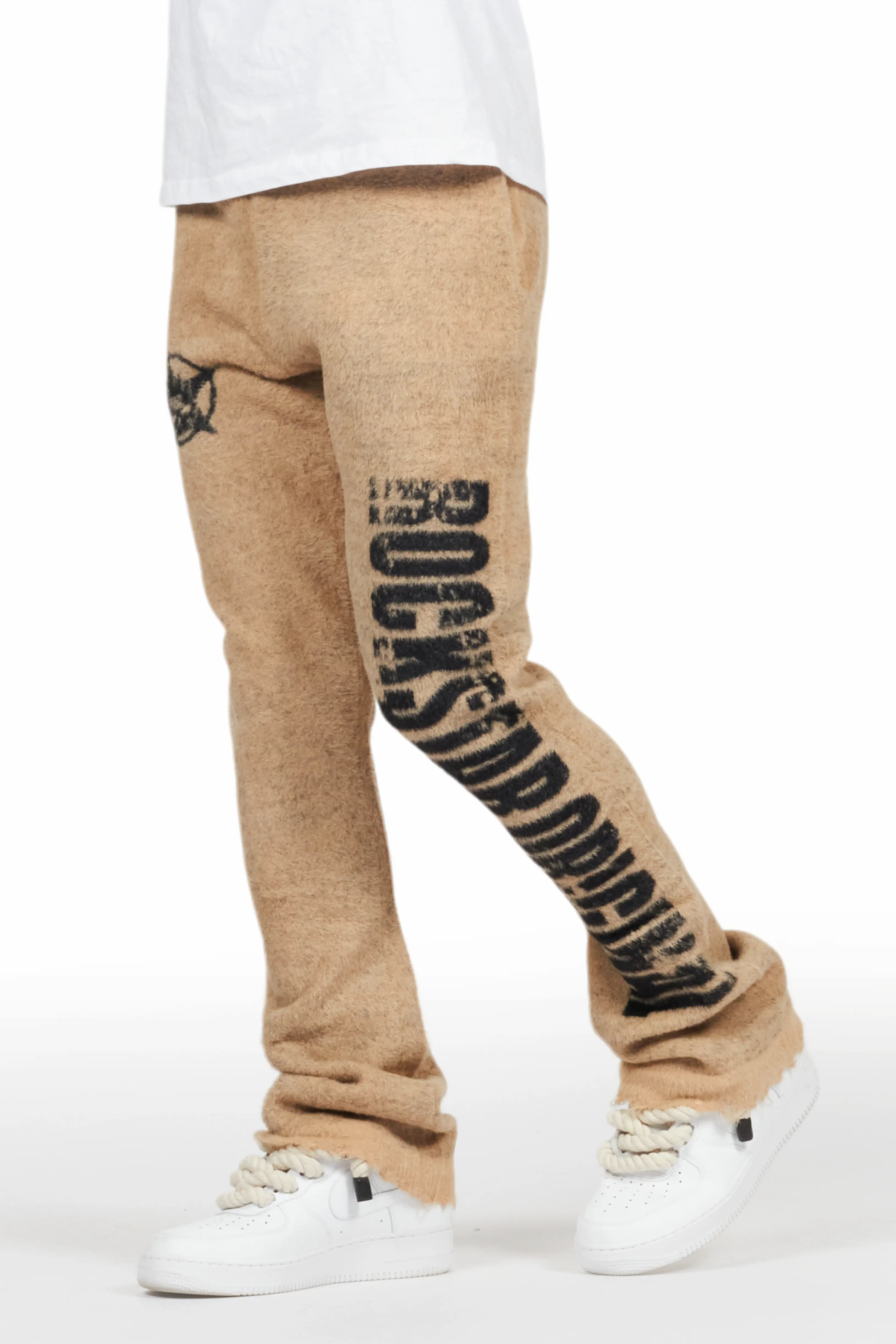 Keve Beige Knitted Mohair Flare Sweat Pant Hip Men's Urban