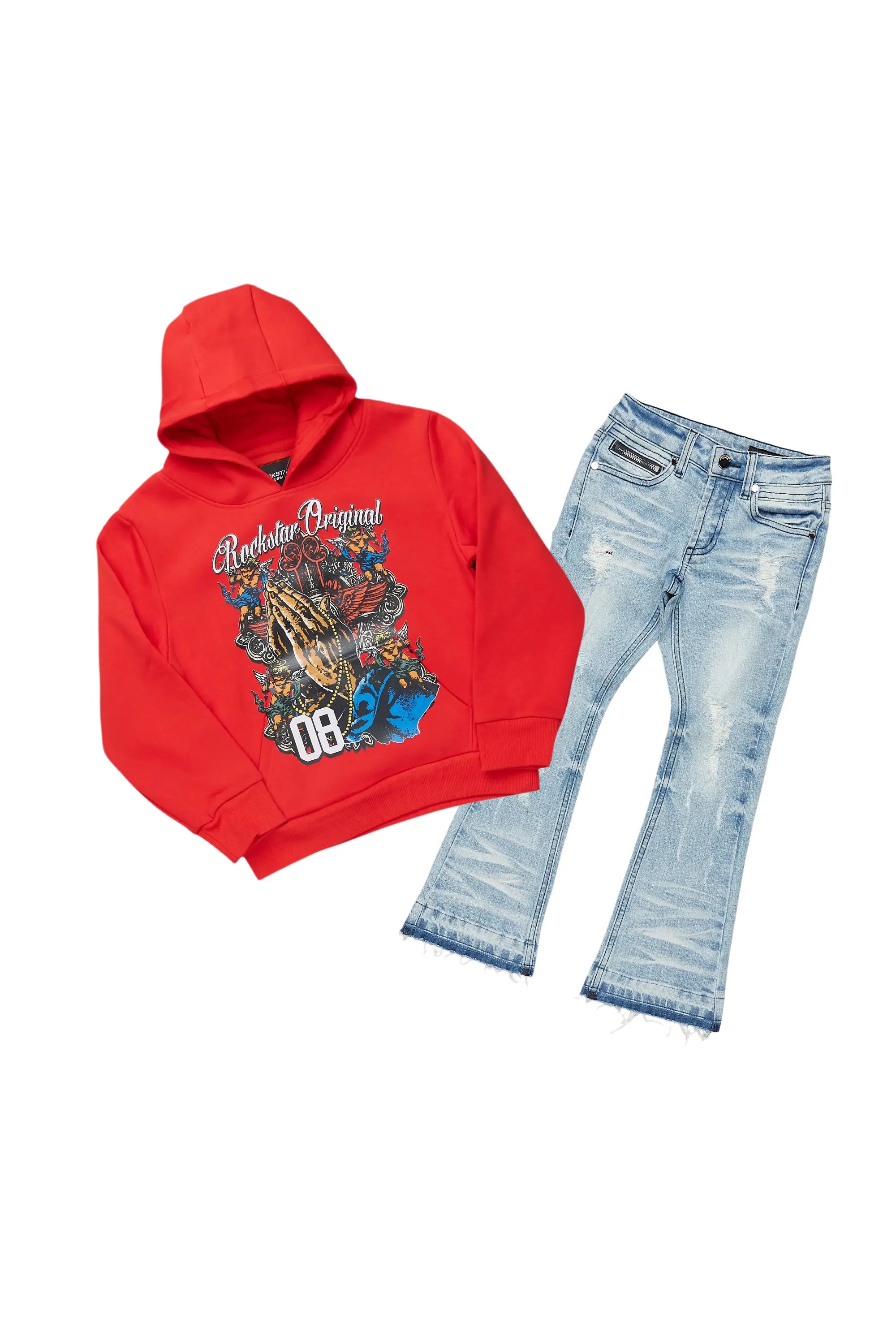 Boys Jaylen Red Hoodie/Stacked Flare Jean Set Polished Men's Satin