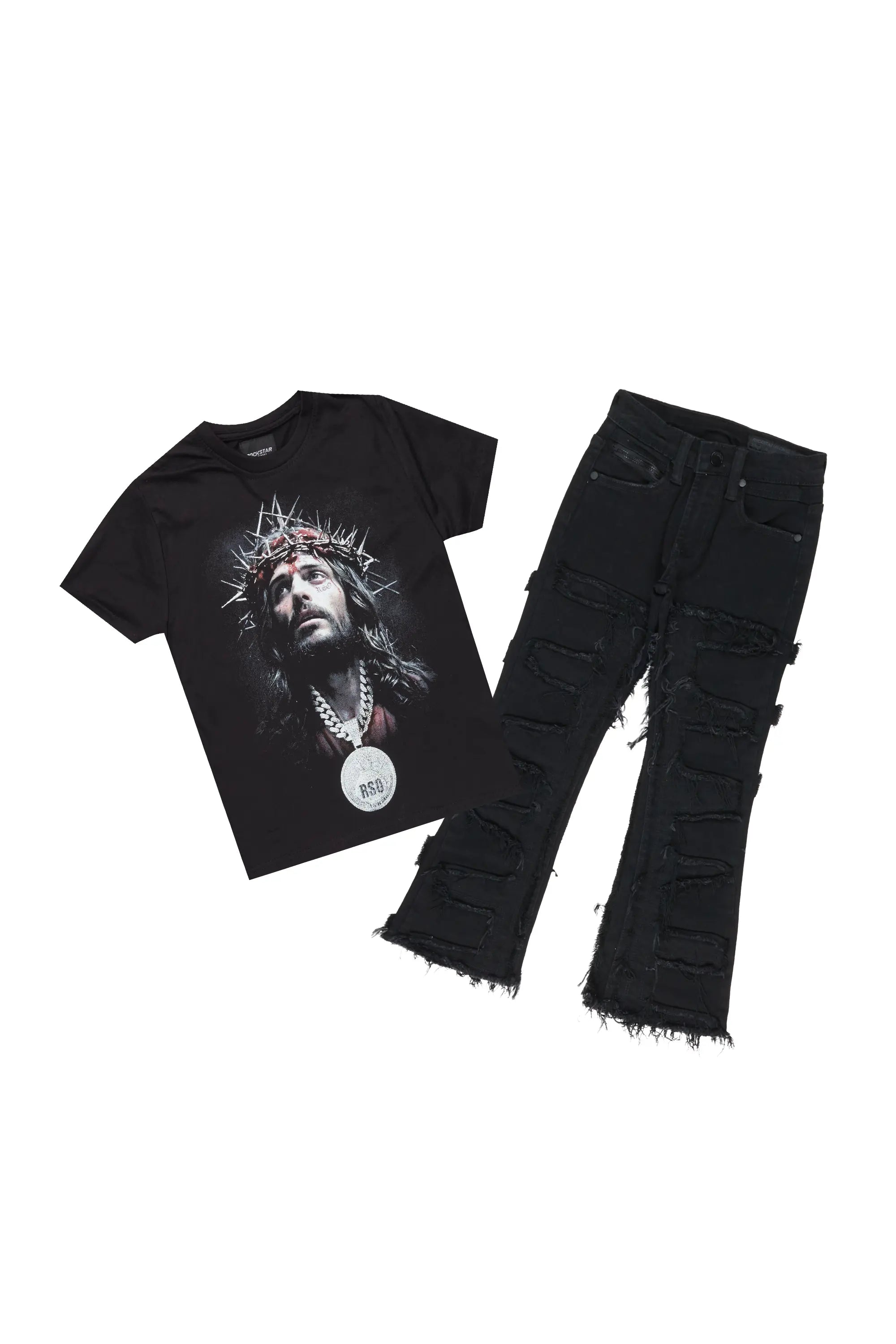 Boys Daman Black T-Shirt/Stacked Flare Jean Set Unique Men's Patch