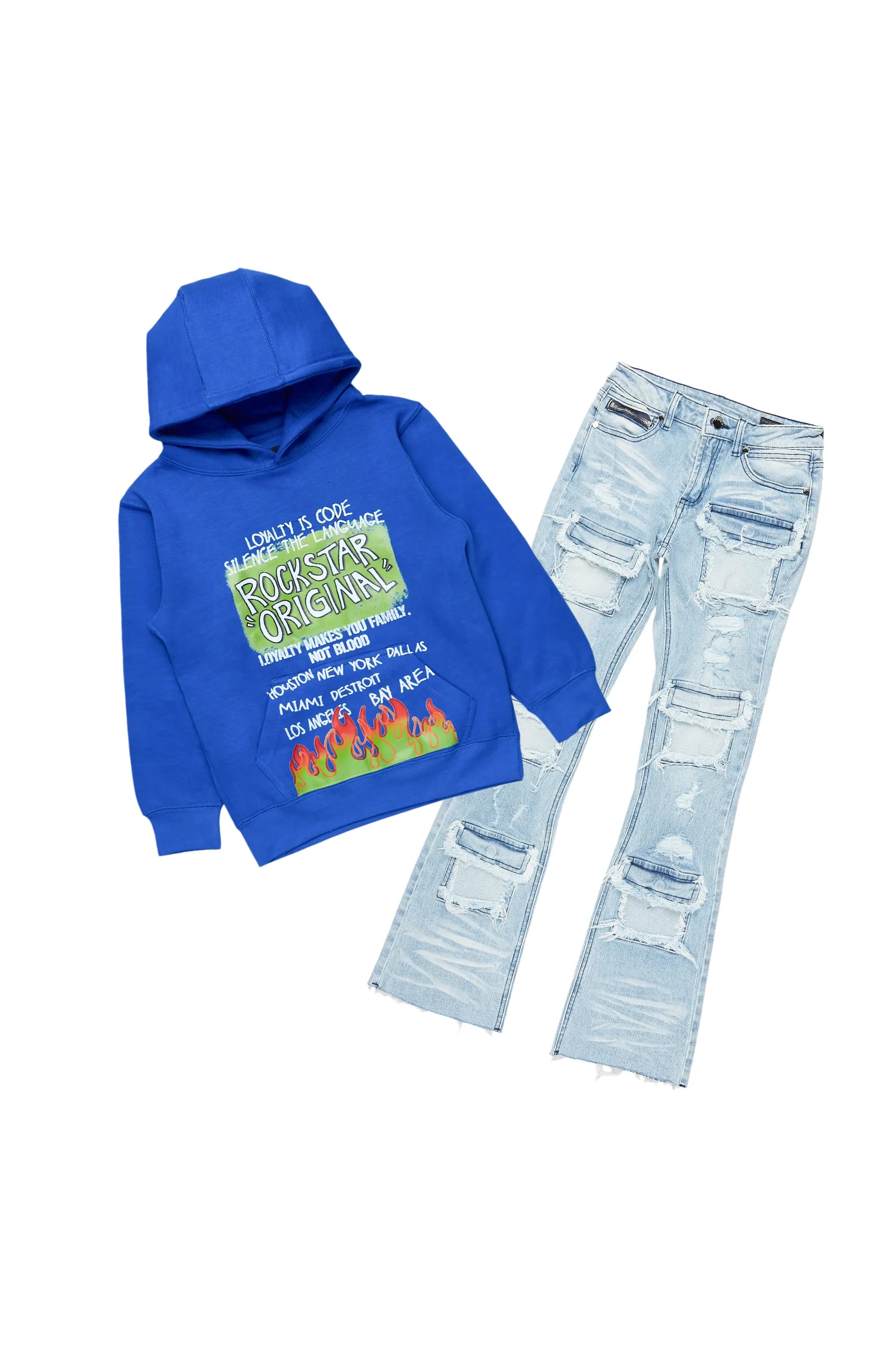 Boys Beno Royal Hoodie/Stacked Flare Jean Set Practical Men's Quick