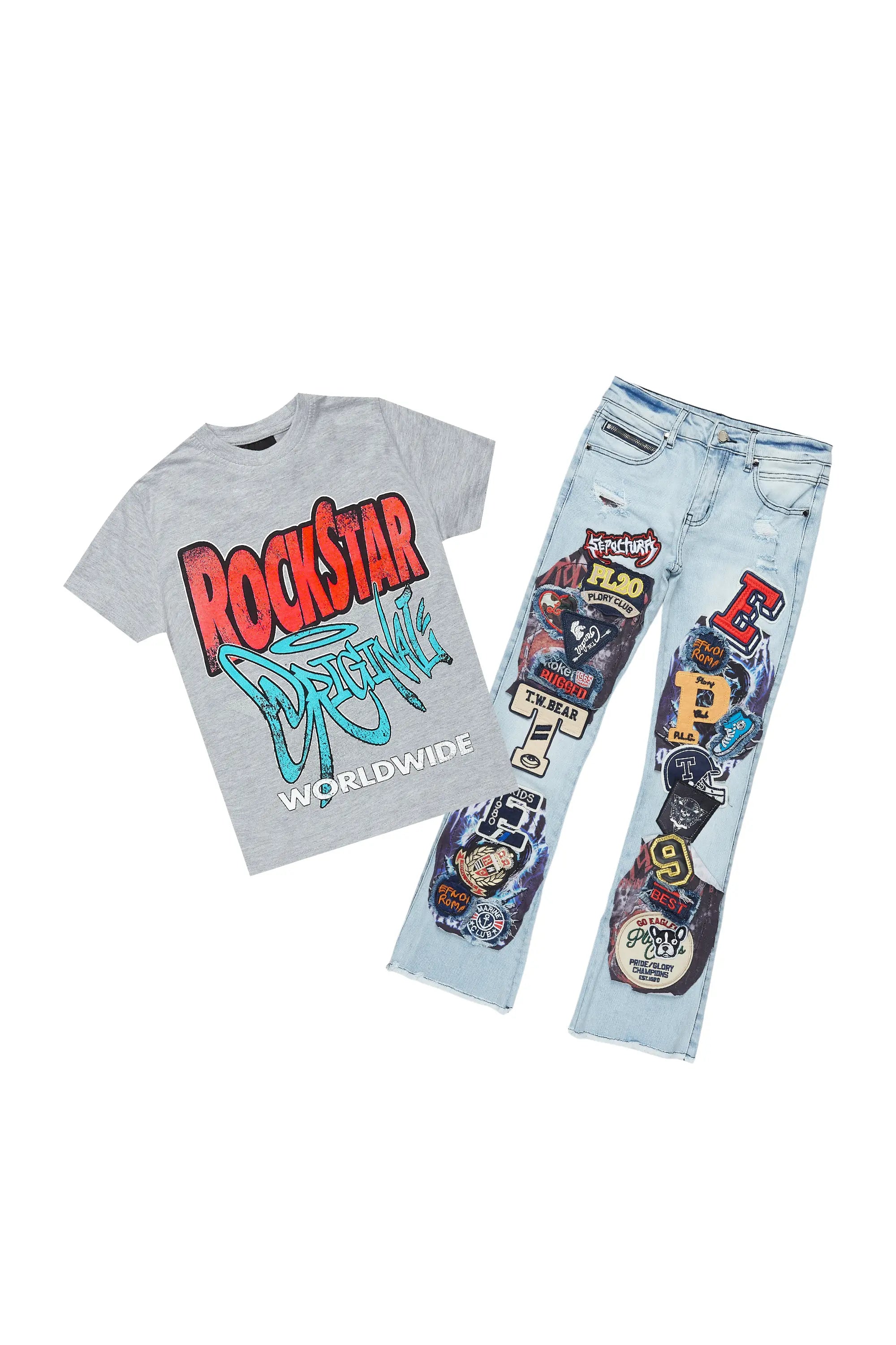 Boys Kait Blue/Grey T-Shirt/Stacked Flare Jean Set Masculine Men's Thick