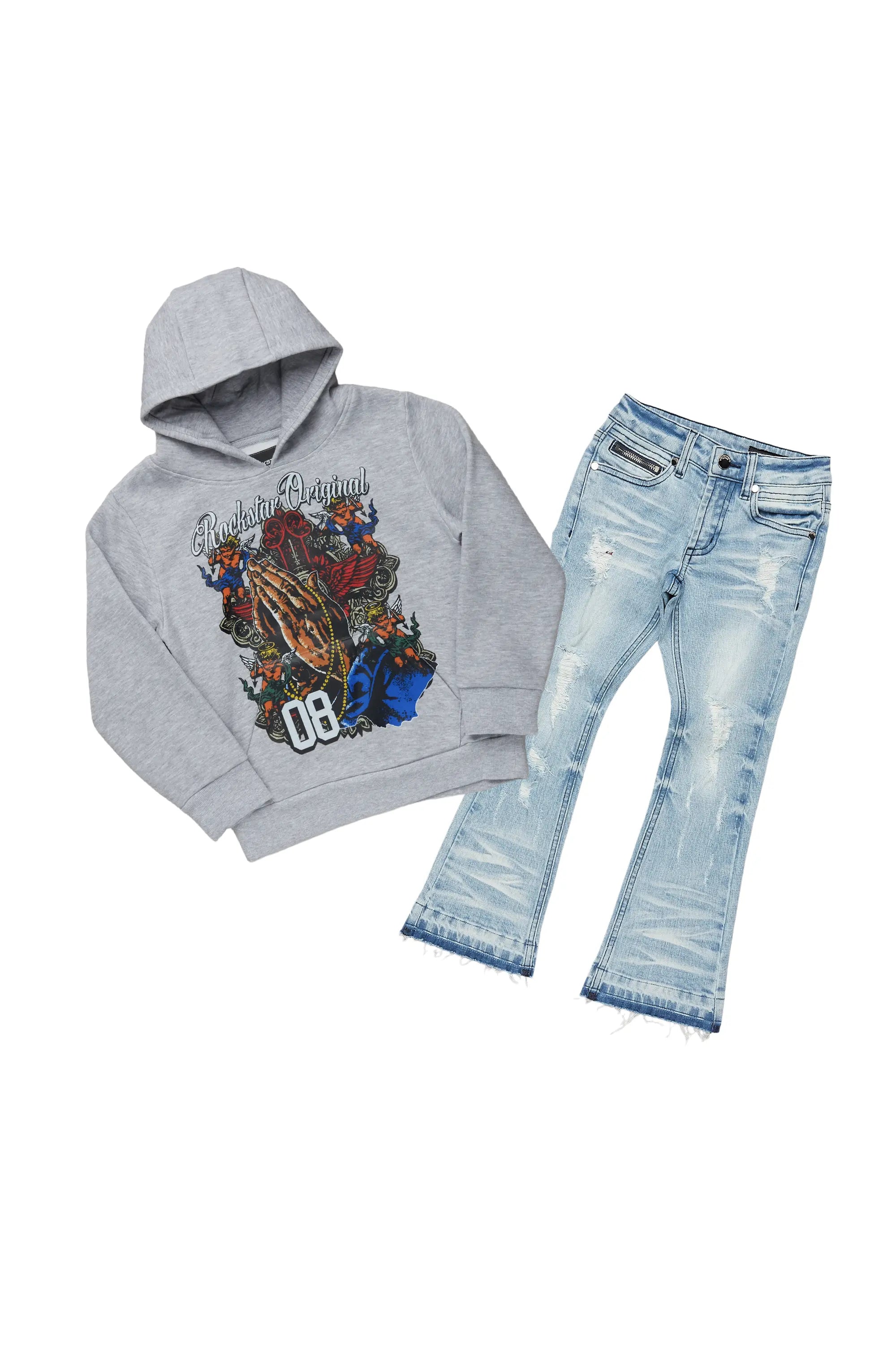 Boys Jaylen Grey Hoodie/Stacked Flare Jean Set Cozy Men's Sherpa