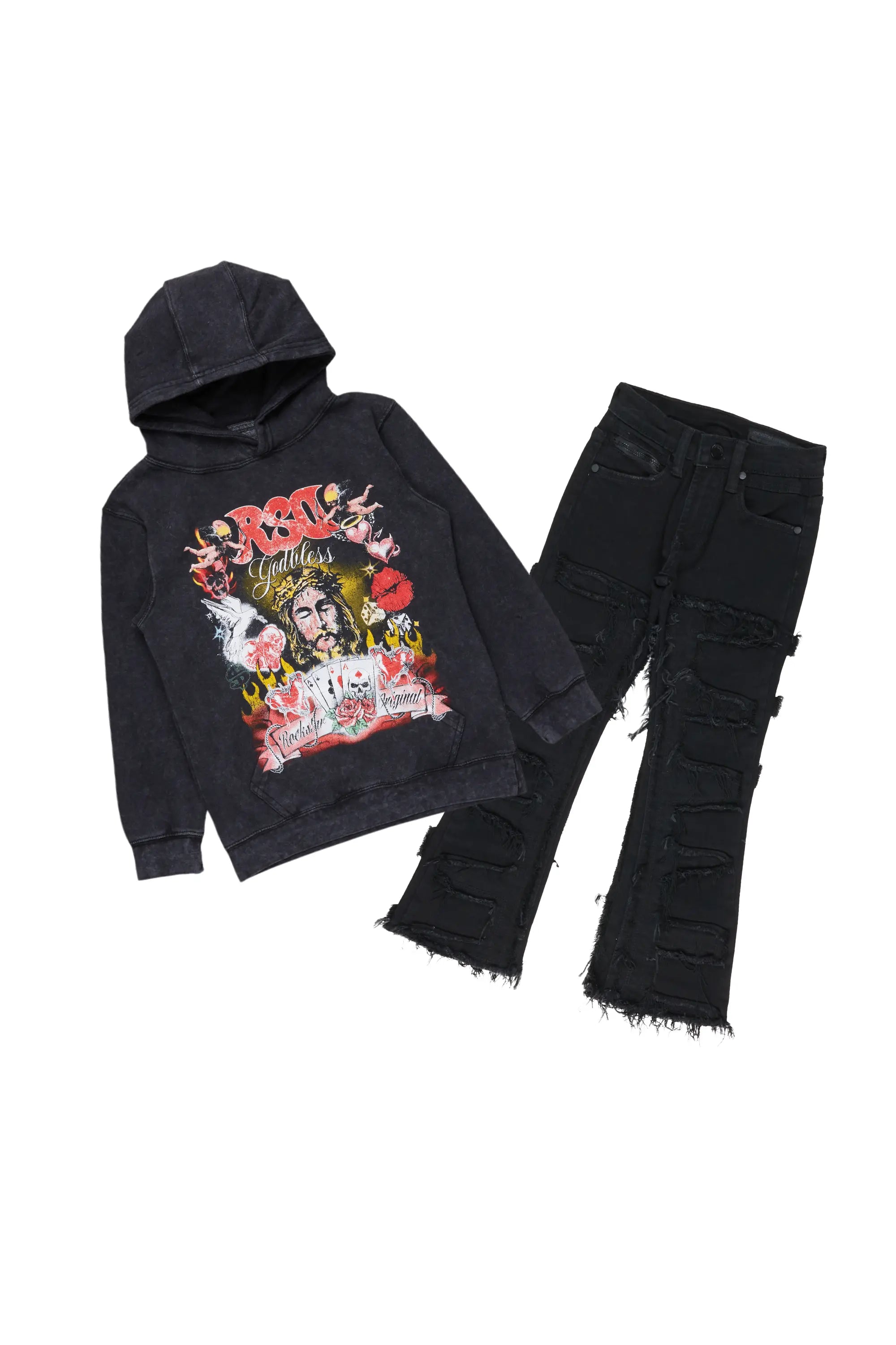 Boys Germain Vintage Black Hoodie/Stack Flare Jean Set Monochromatic Office Style