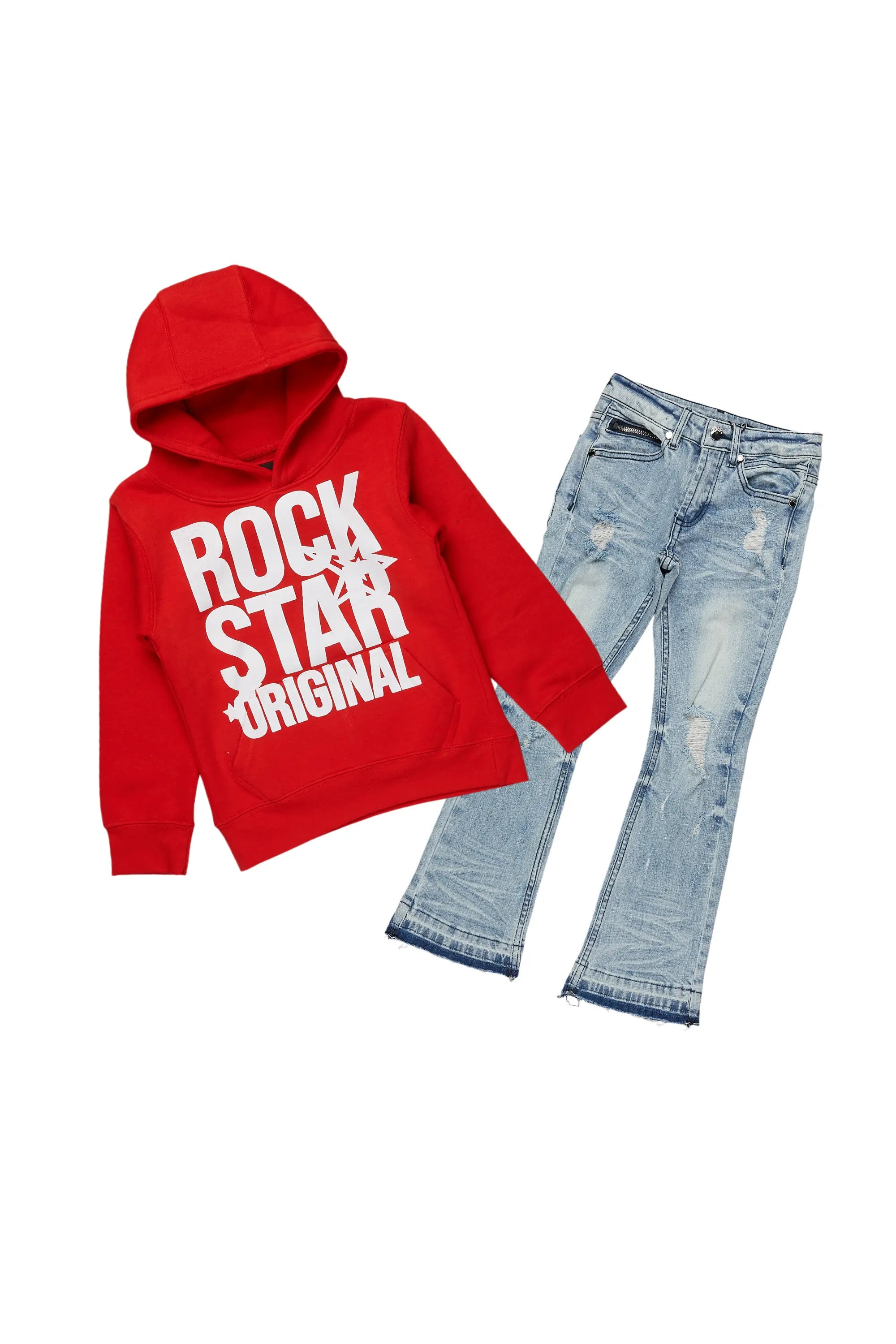 Girls Melanie Red/Blue Hoodie/Stacked Flare Jean Set Tailored