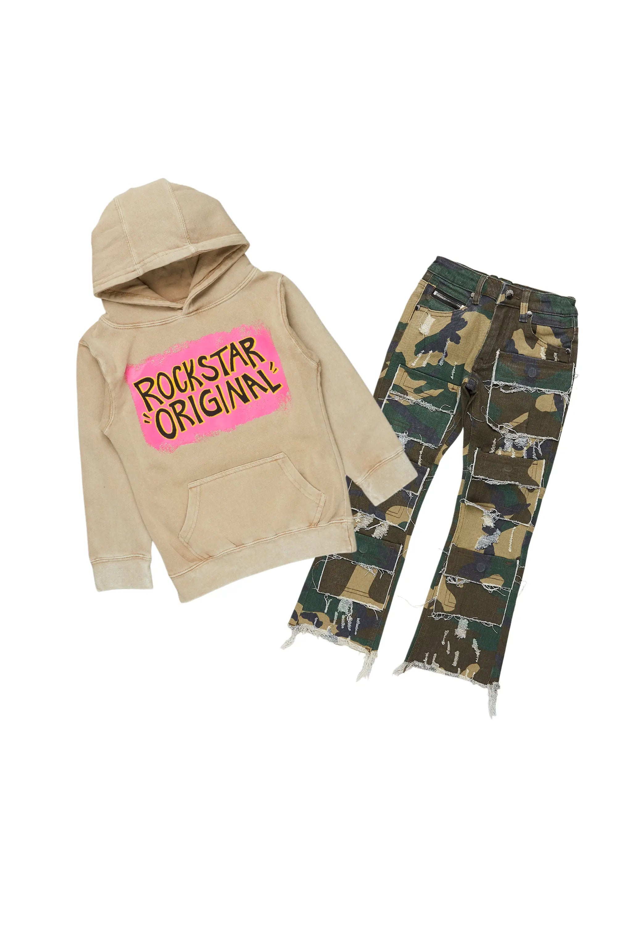 Girls Brielle Camo/Vintage Beige Hoodie/Stacked Flare Jean Set Tough Men's Tactical