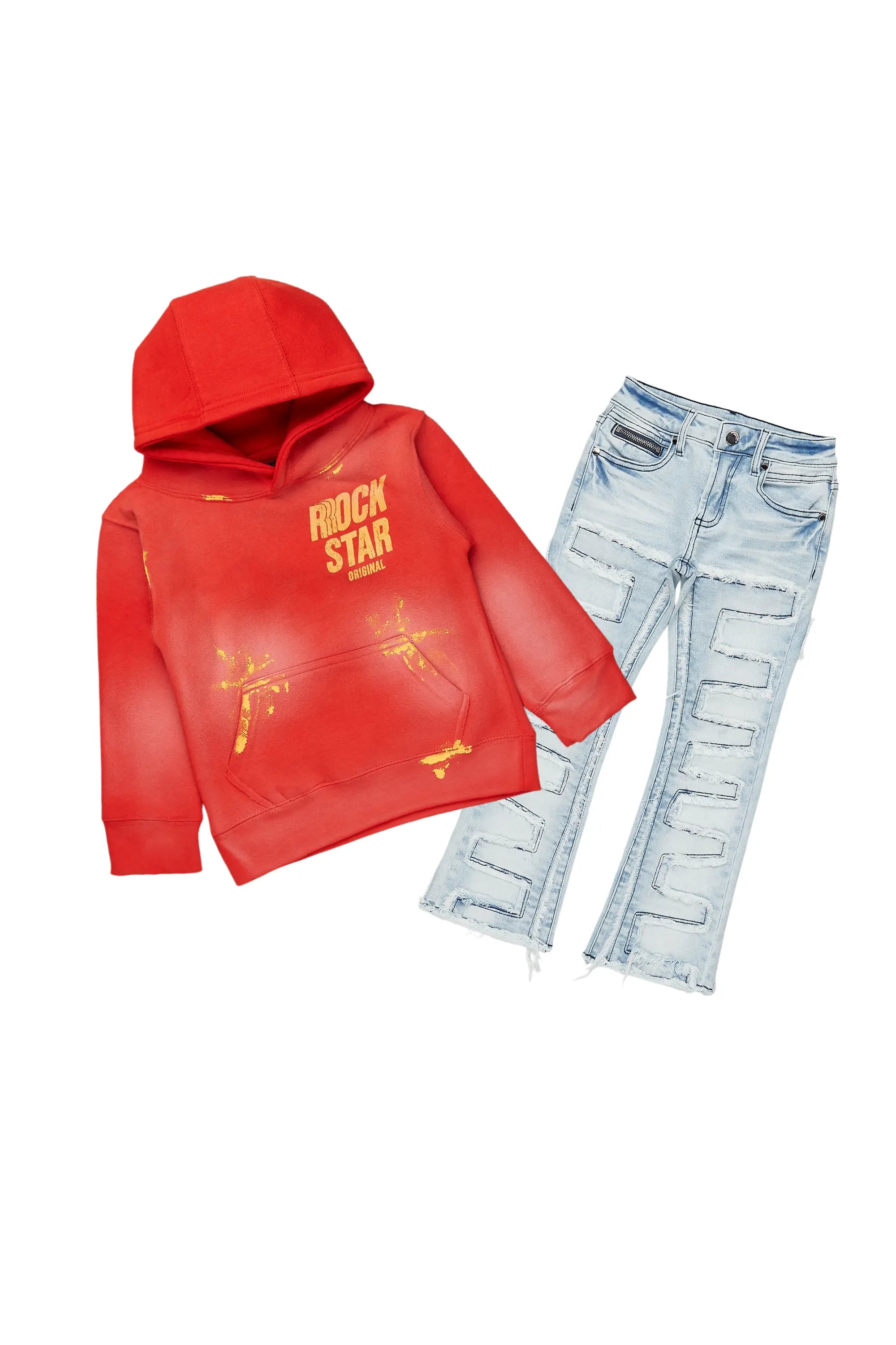 Boys Aiden Red Hoodie/Stacked Flare Jean Set Trendy Men's Oversized