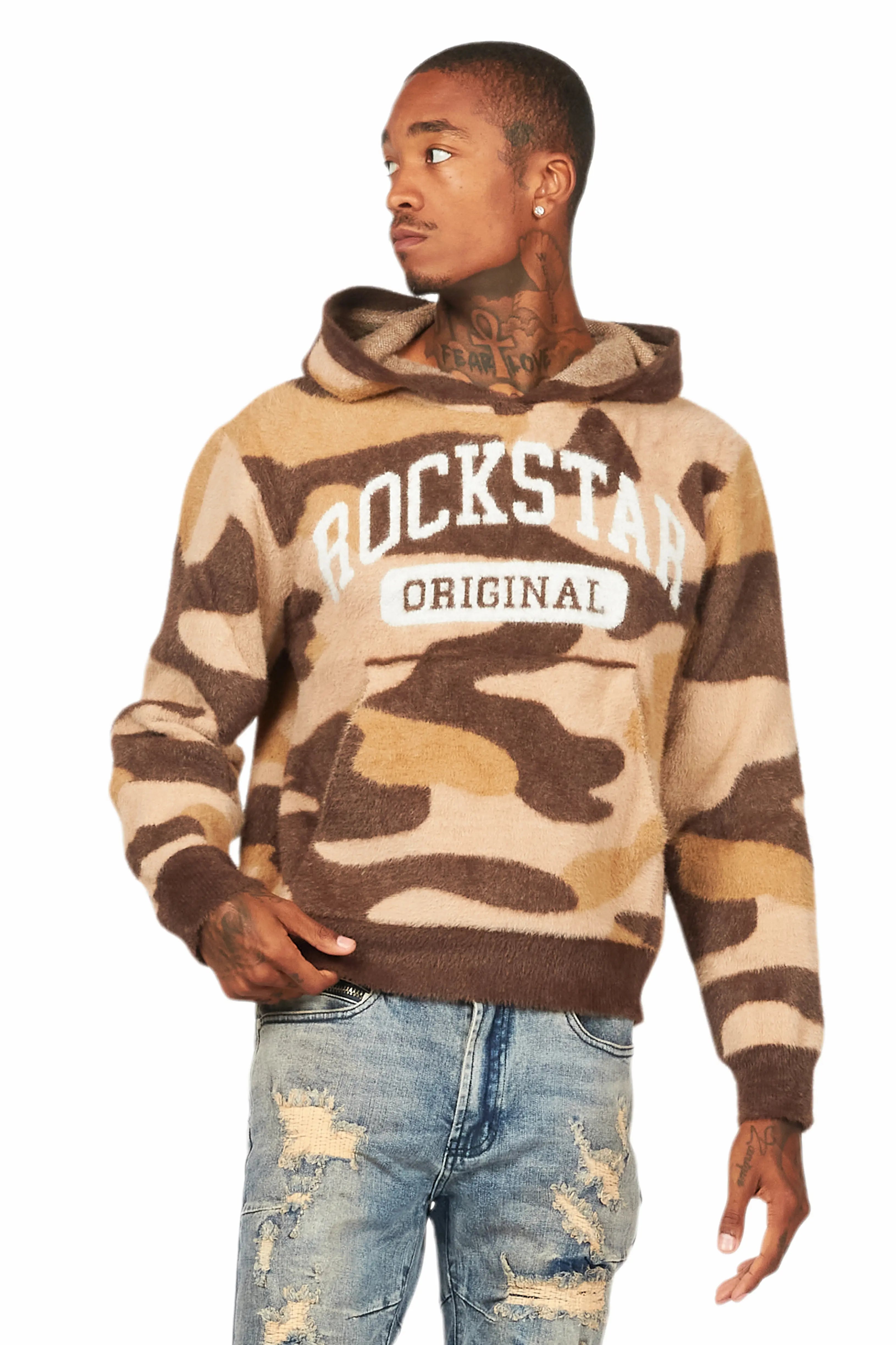 Damodar Camo Brown Knitted Mohair Hoodie Hip Men's Retro