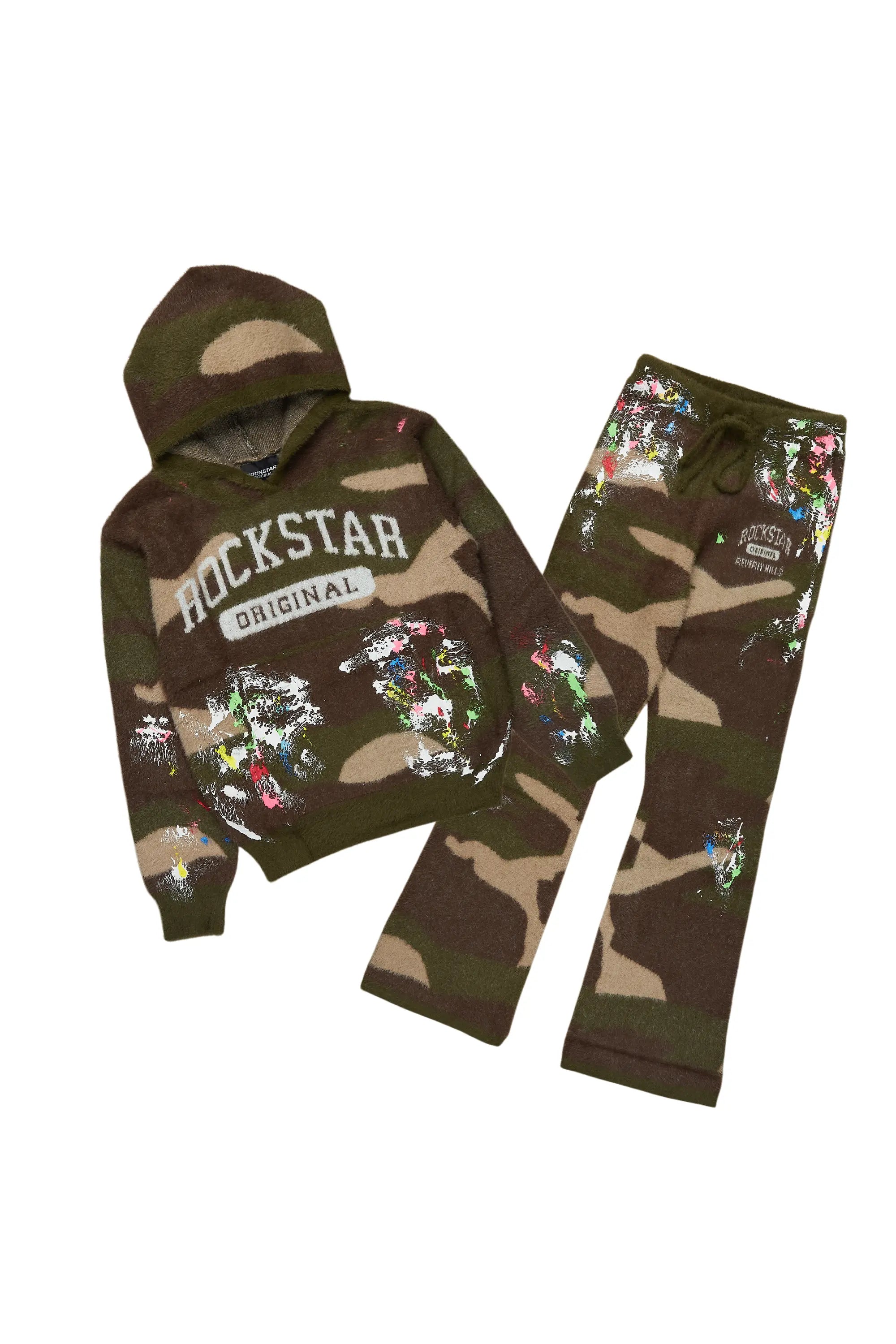 Boys Akio Green Camo Stacked Flare Knitted Mohair Track Set Laid