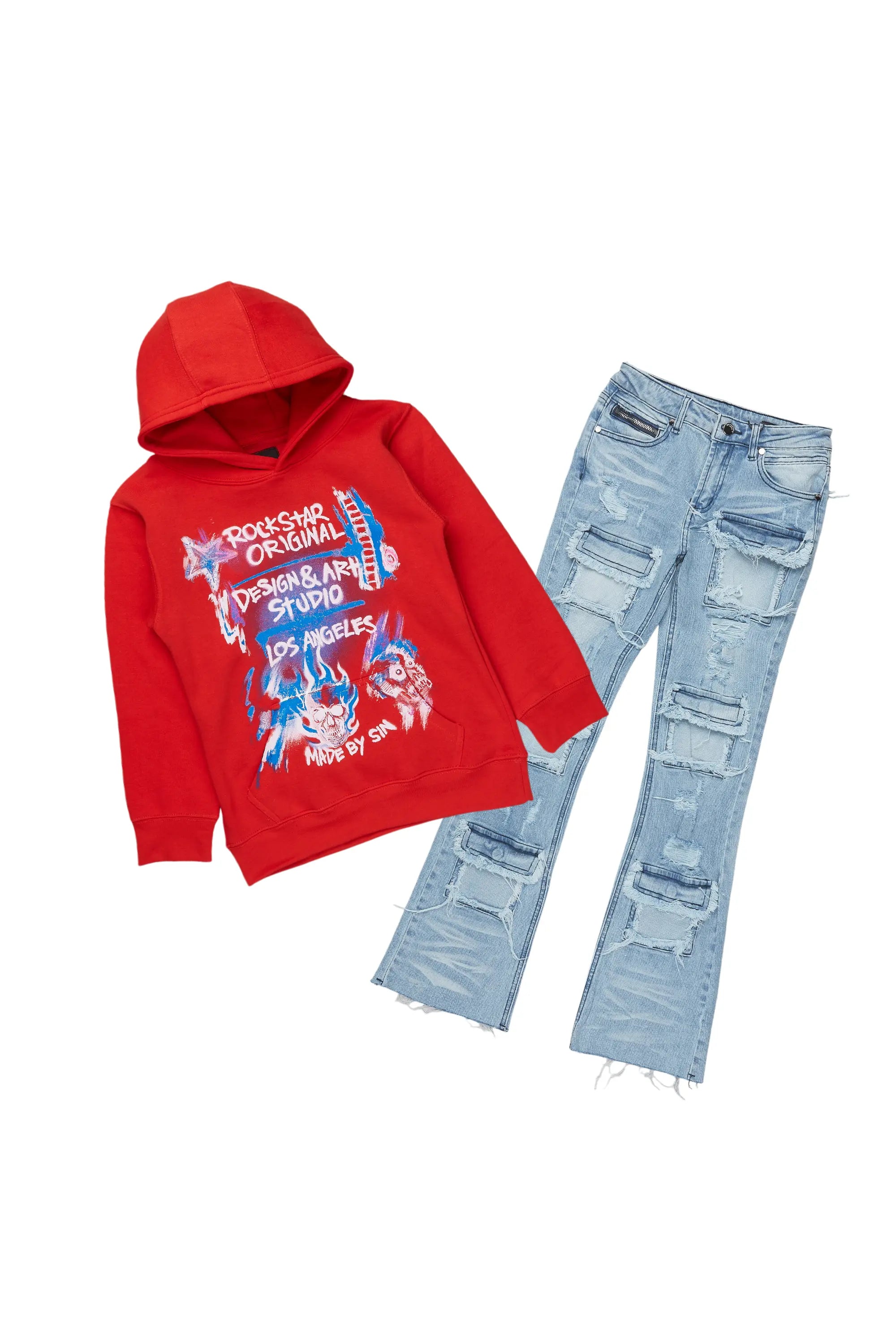 Boys Soweto Red Hoodie/Stacked Flare Jean Set Streetwear Style