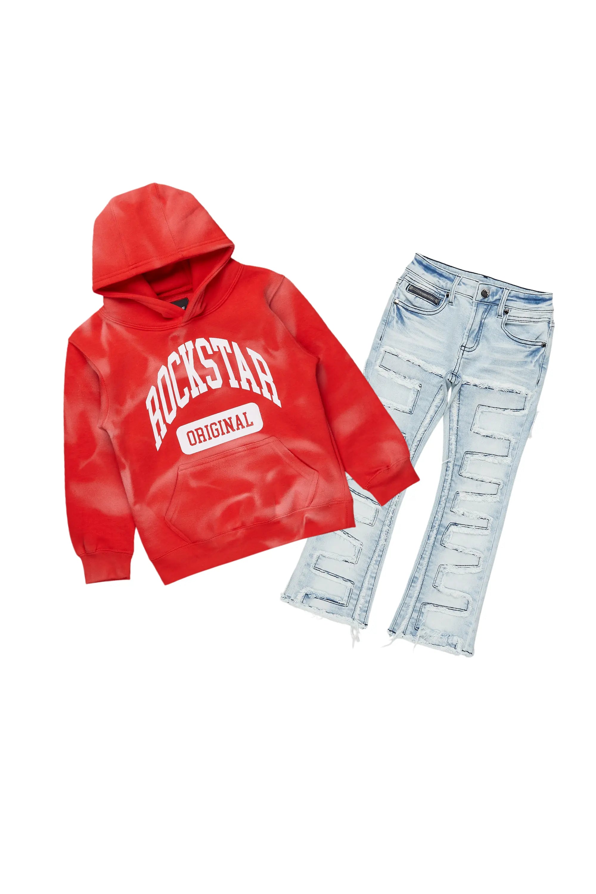 Boys Member Red/Blue Hoodie/Stacked Flare Jean Set Elegant Men's Cashmere