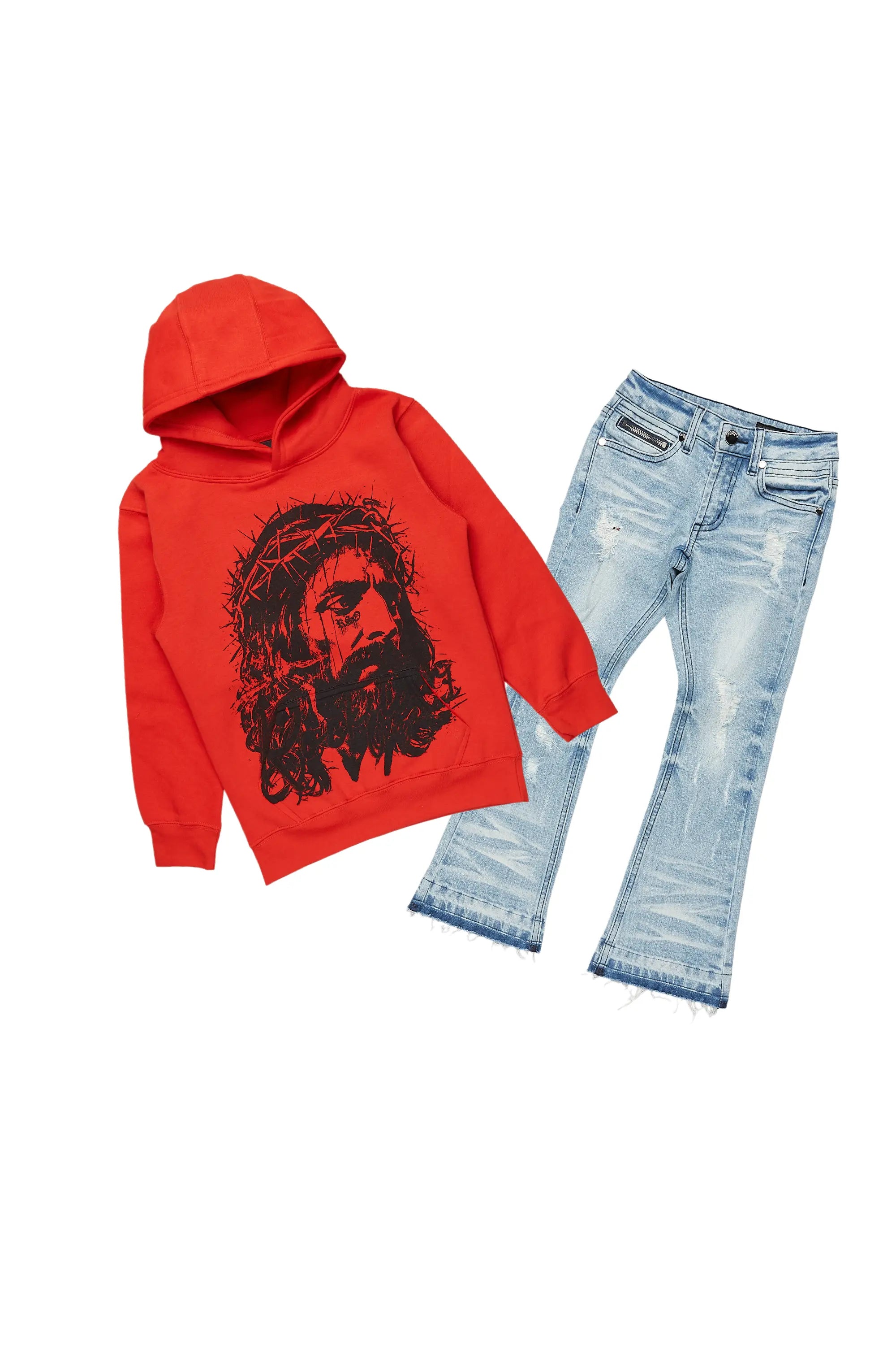 Boys Bedros Red/Blue Hoodie/Stack Flare Jean Set Cool Men's Skate