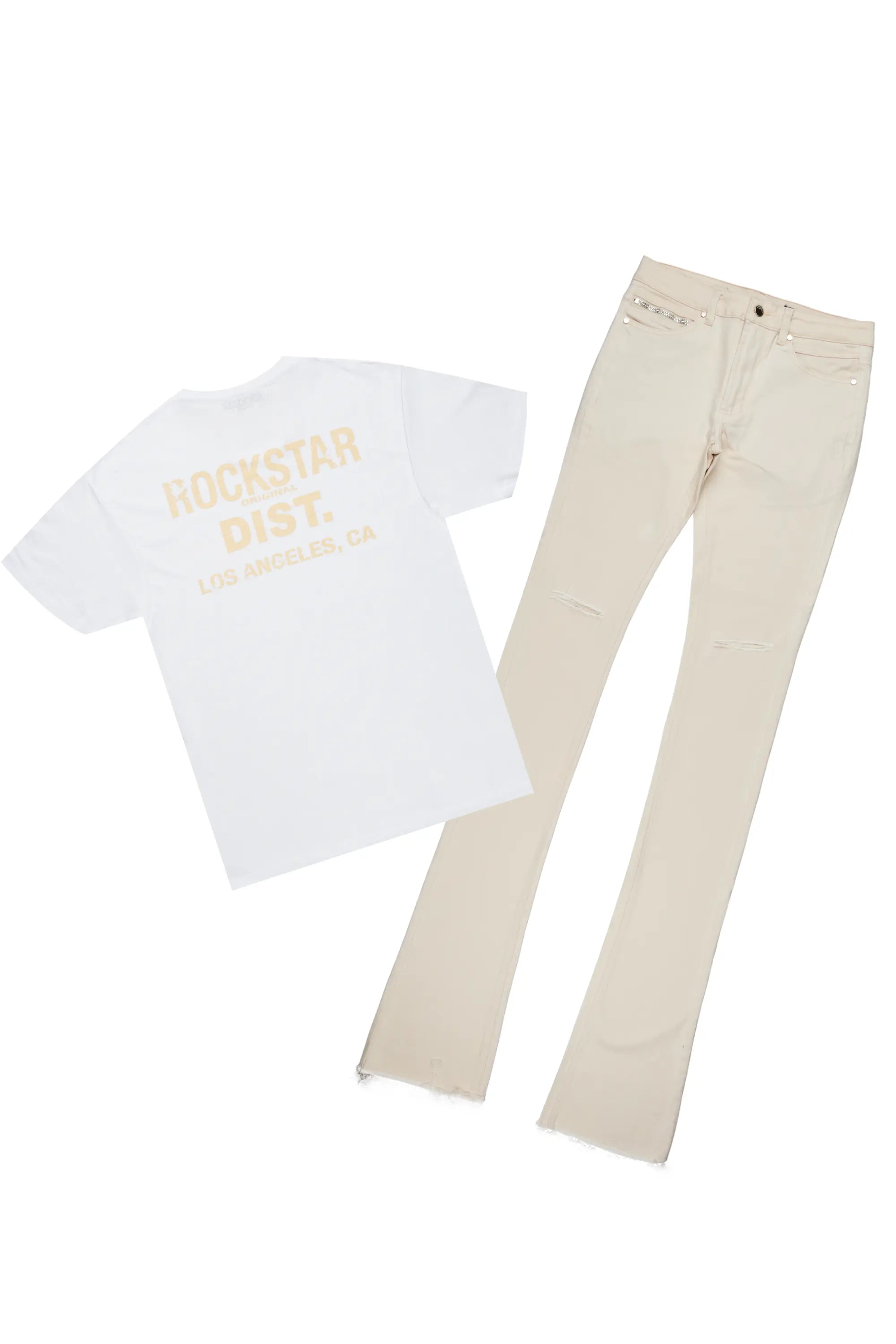 Lake White T-Shirt & Josiah Beige Super Stacked Flare Jean Bundle Casual Men's Loose