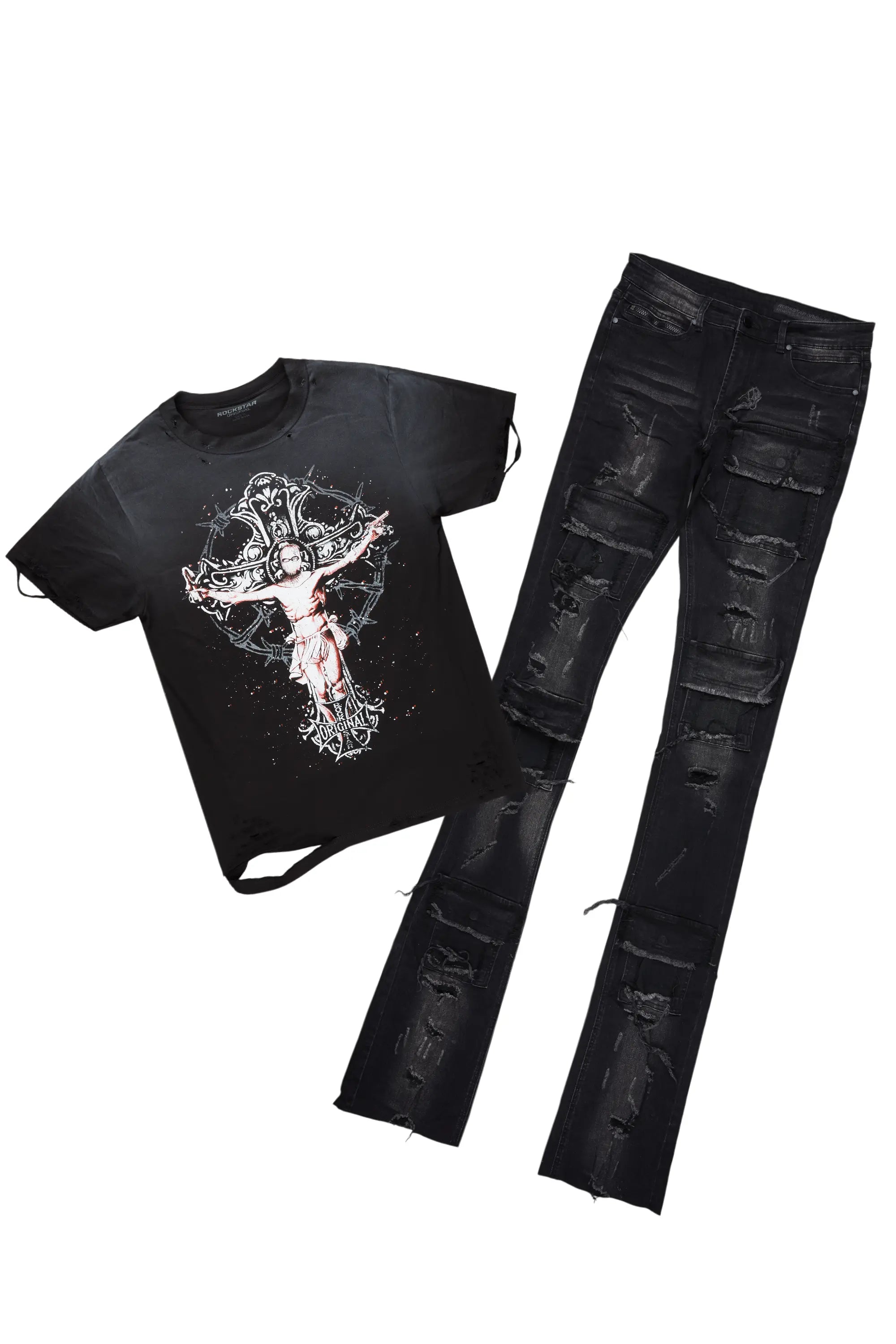 Ojas Black T-Shirt & Petrus Super Stacked Flare Jean Bundle Lumberjack