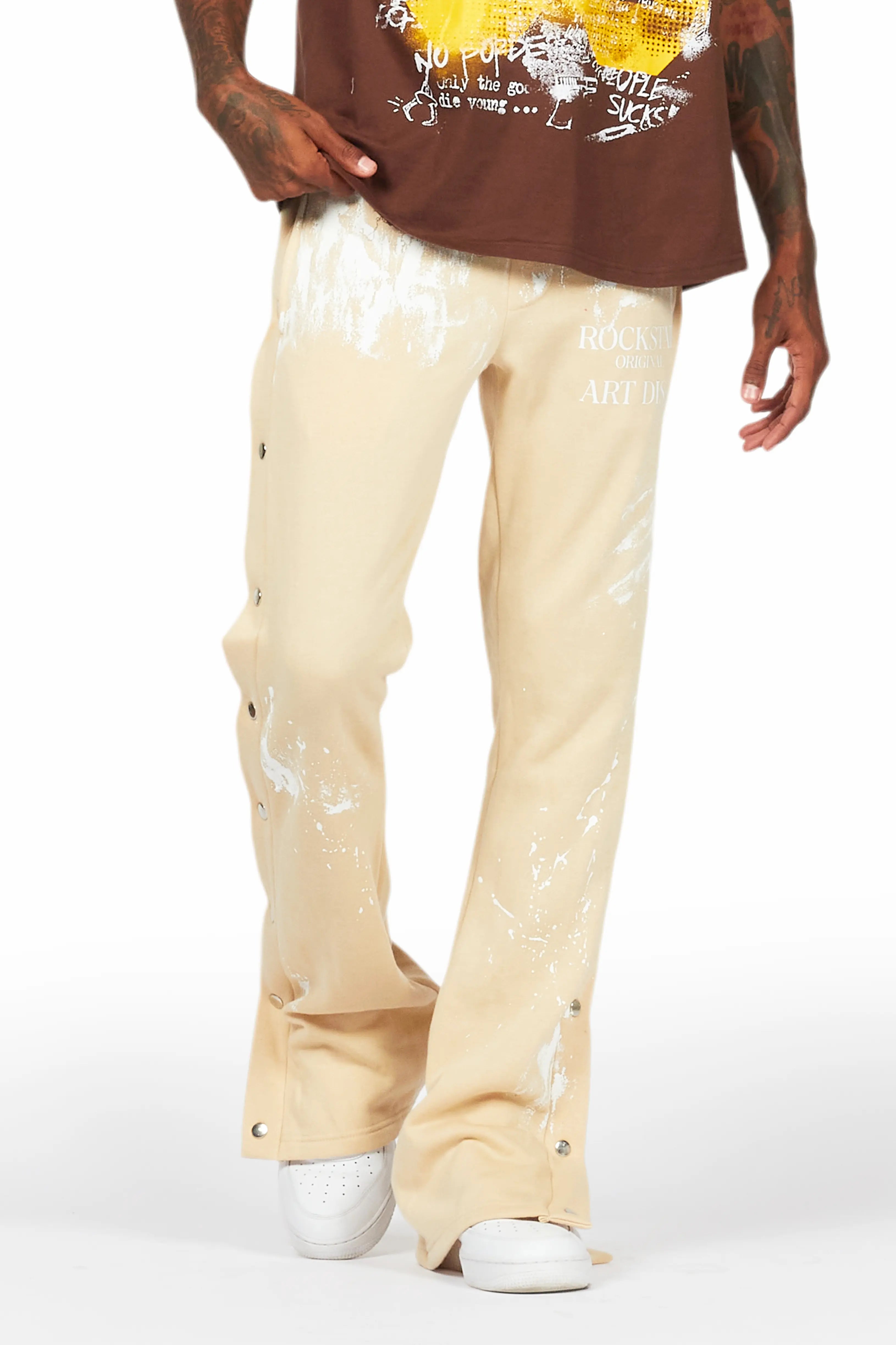 Filip Beige Baggy Snap Button Pant Polished Men's Silk